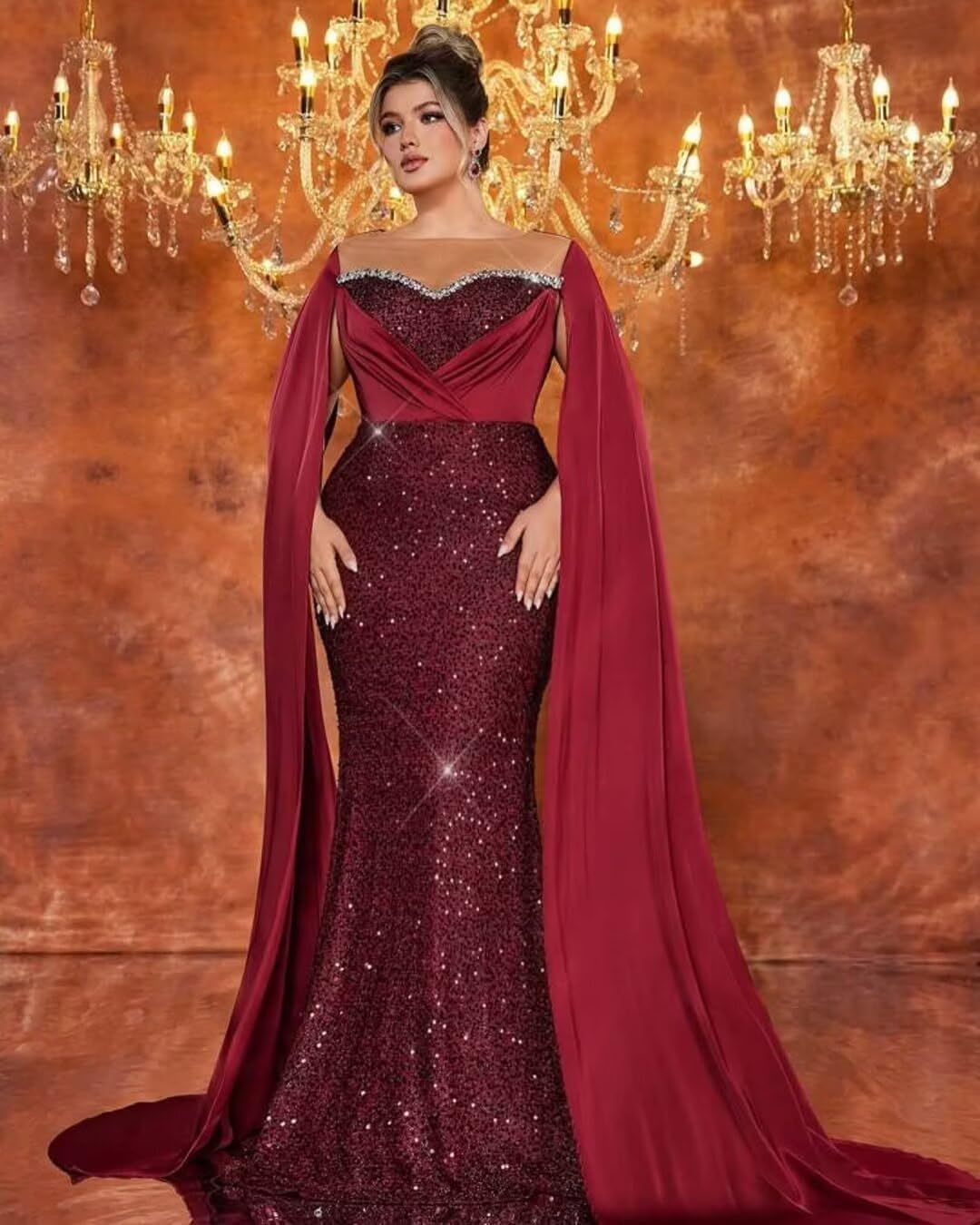 Sparkly Sequin Prom Dresses for Women Long Sleeve Mermaid Satin Formal Dress Beaded Evening Party Gowns with Train