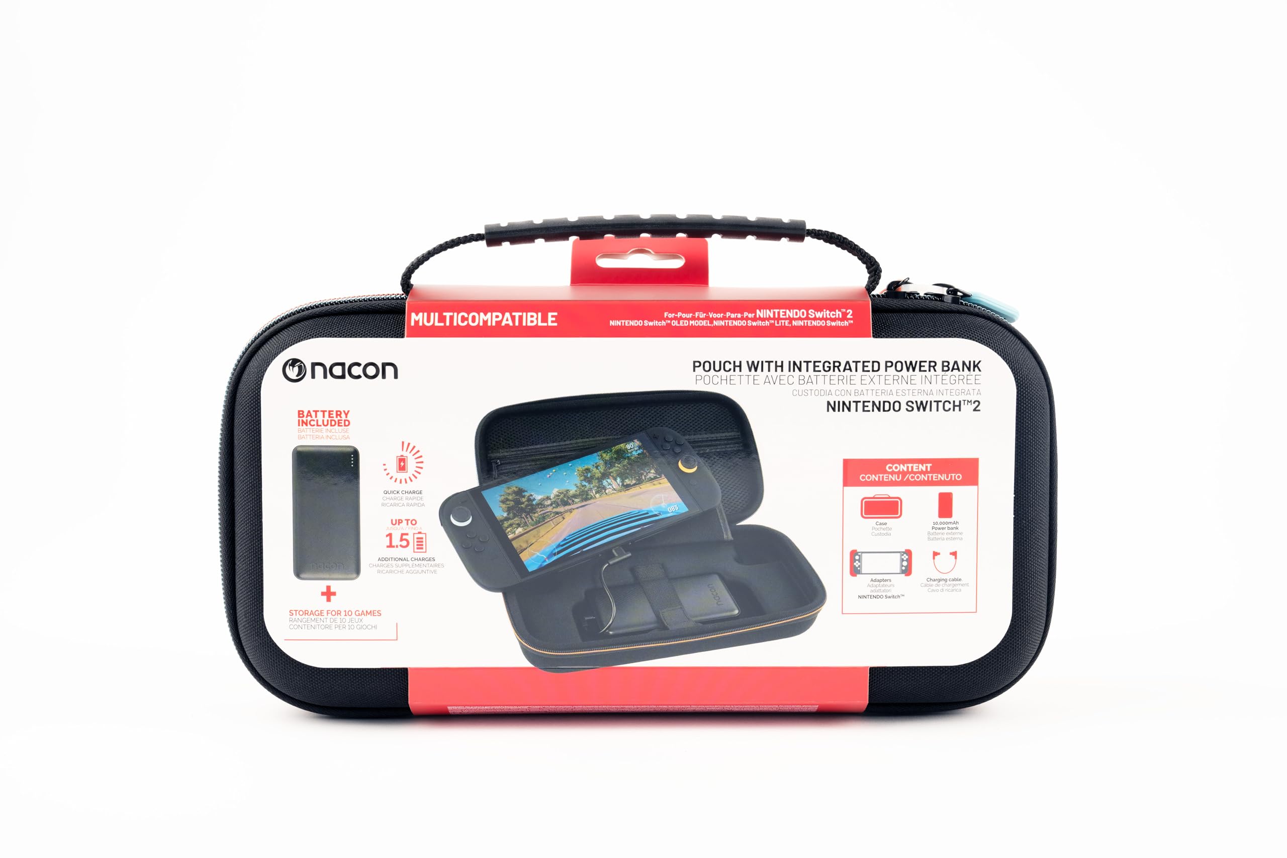 NACON - Custodia di ricarica per Nintendo Switch 2 con batteria da 10.000 mAh, custodia rigida per il trasporto di 10 giochi, compatibile con switch Series (OLED, Lite) - SWITCHNEWCHARGECASE