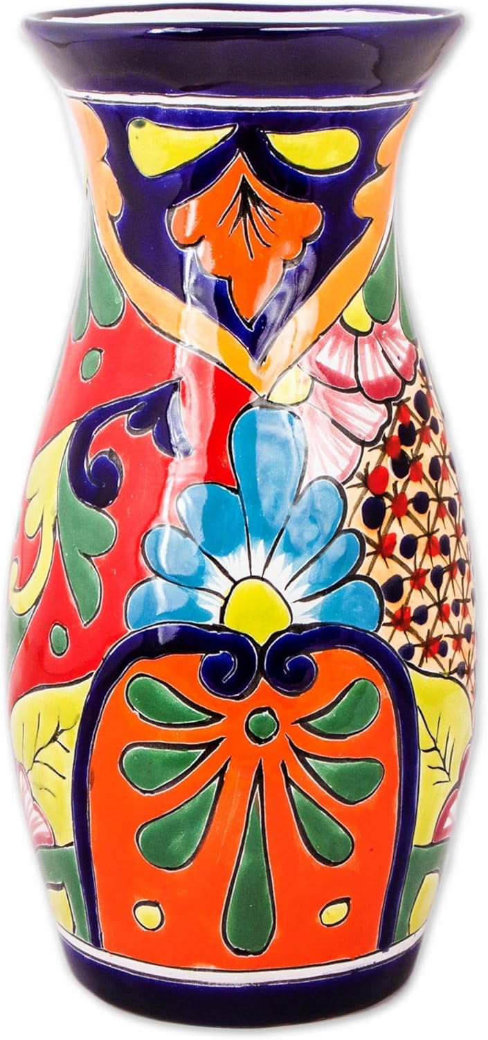 NOVICA Artisan Handcrafted Ceramic Vase Curvy Talaverastyle in Mexico Multicolor Vases Floral Painted Hacienda [13.5in H x 6.5in Diam.] ' Colorful Curves'