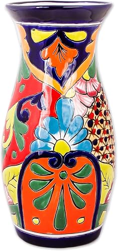 Artisan Handcrafted Ceramic Vase Curvy Talaverastyle in Mexico Multicolor Vases Floral Painted Hacienda [13.5in H x 6.5in Diam.] ' Colorful Curves'