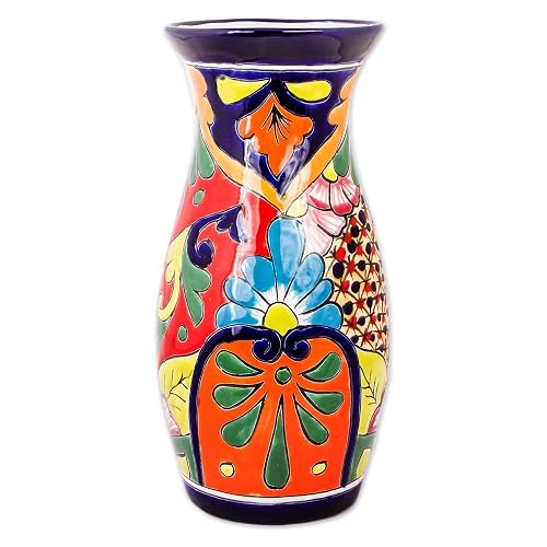NOVICA Artisan Handcrafted Ceramic Vase Curvy Talaverastyle in Mexico Multicolor