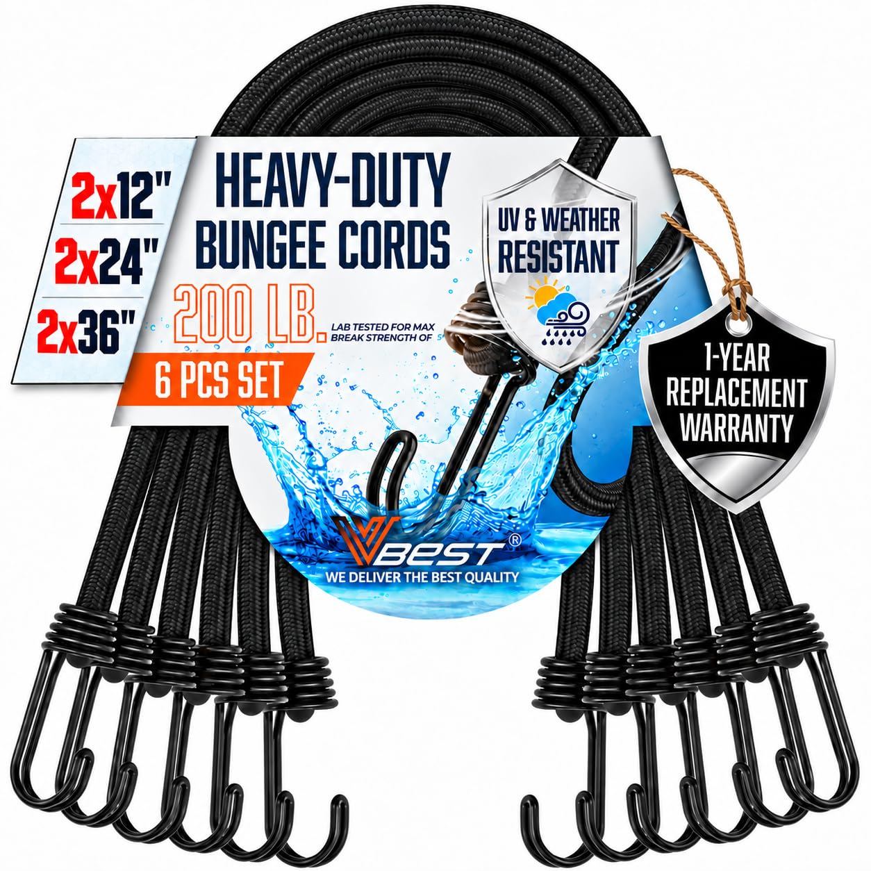 Bungee Cords Heavy Duty Outdoor with Hooks - 6Pcs Assorted Sizes Set