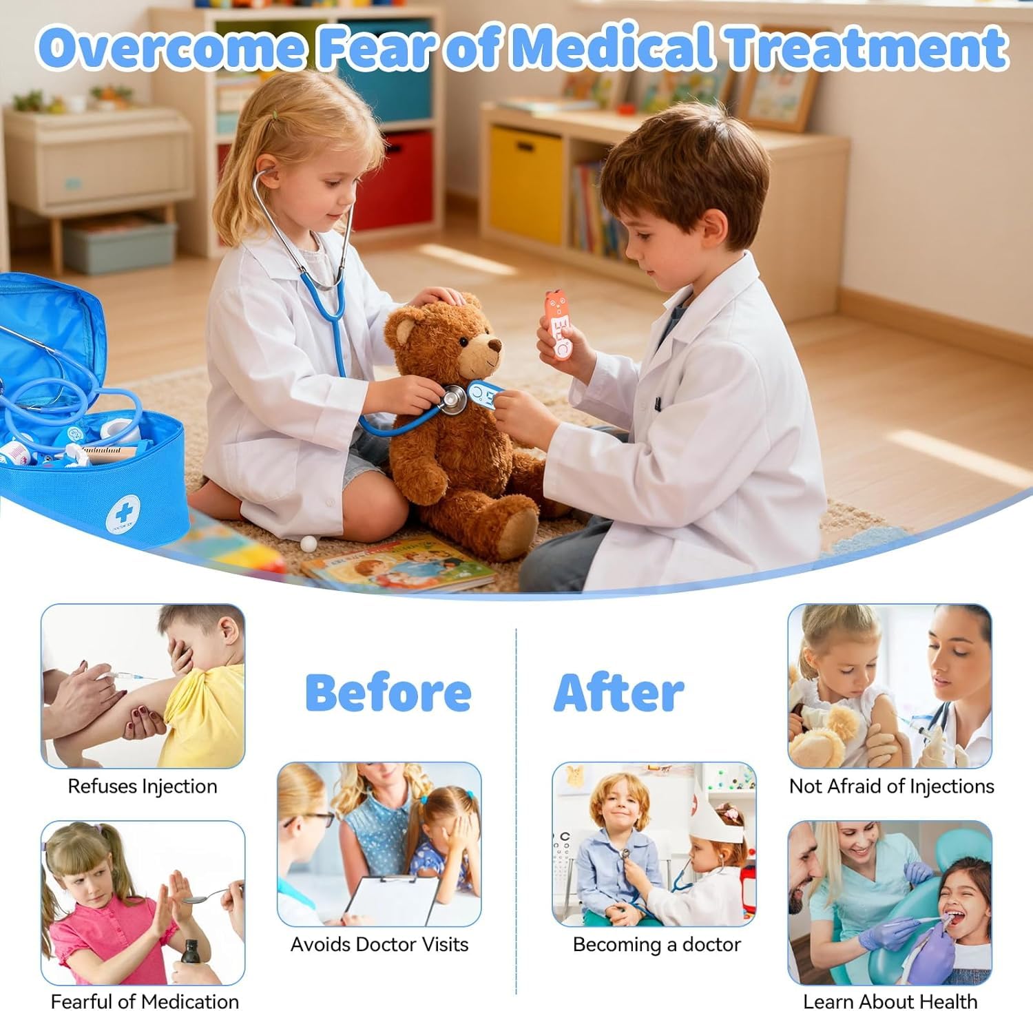 Maletin Medicos Juguete,Kit Medico Infantil,Doctora Juguete con Real Estetoscopio,Termómetro,Maletín de Médico Portátil,Juegos de Imitacion Regalos para Niñas Niños 3 4 5 6 -Azul — view 6