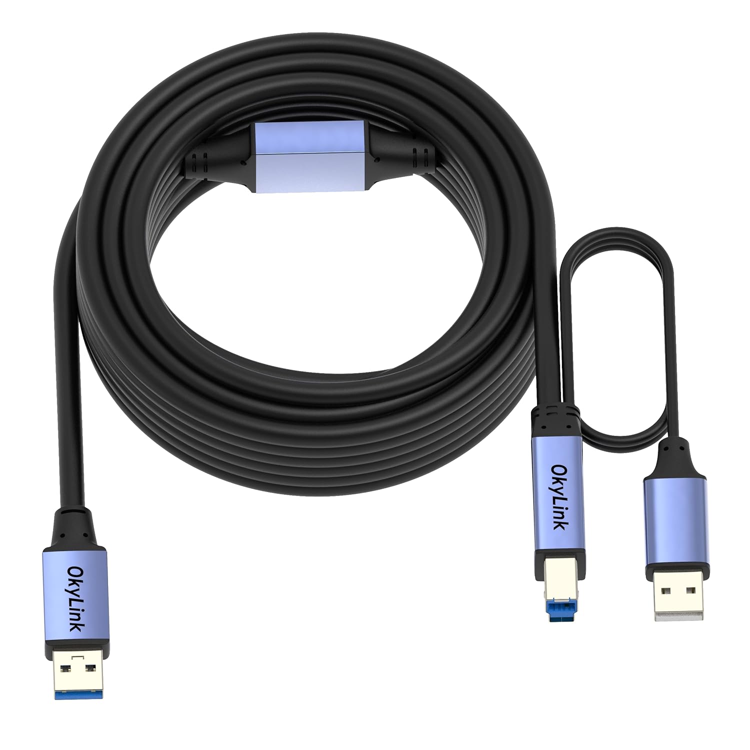 OkyLink 50ft(15M) Active USB 3.0/3.2 Gen 1 Printer Cable A Male to B Male with Power Cable & Repeater 5Gbps for Industrial Printer, Large Format Plotter