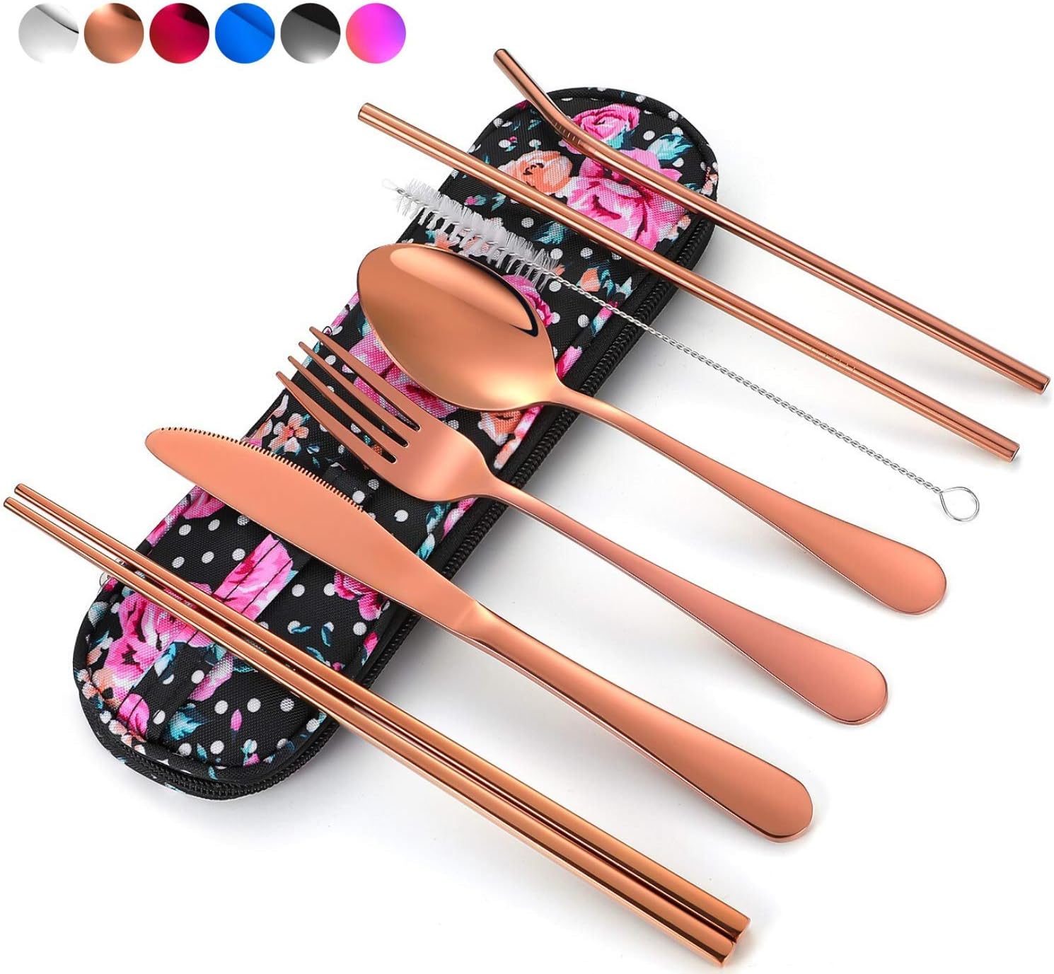 Travel Utensils,Reusable Silverware Set to Go Portable Cutlery Set with a Waterproof Carrying Case for Lunch Boxes Workplace Camping Picnic (Rosegold)