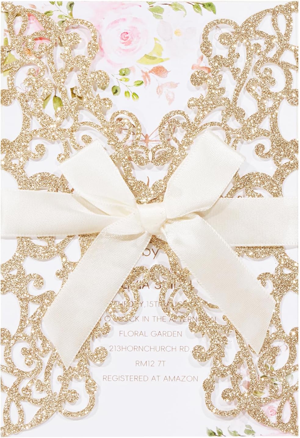 AdasBridal 50Pcs Glitter Floral Laser Cut Wedding Invitation Cards with Envelope Blank Inner Sheet and Ribbon for Wedding Engagement Bridal Shower Party Invite(7.09 X 4.92inch, Rose Gold)