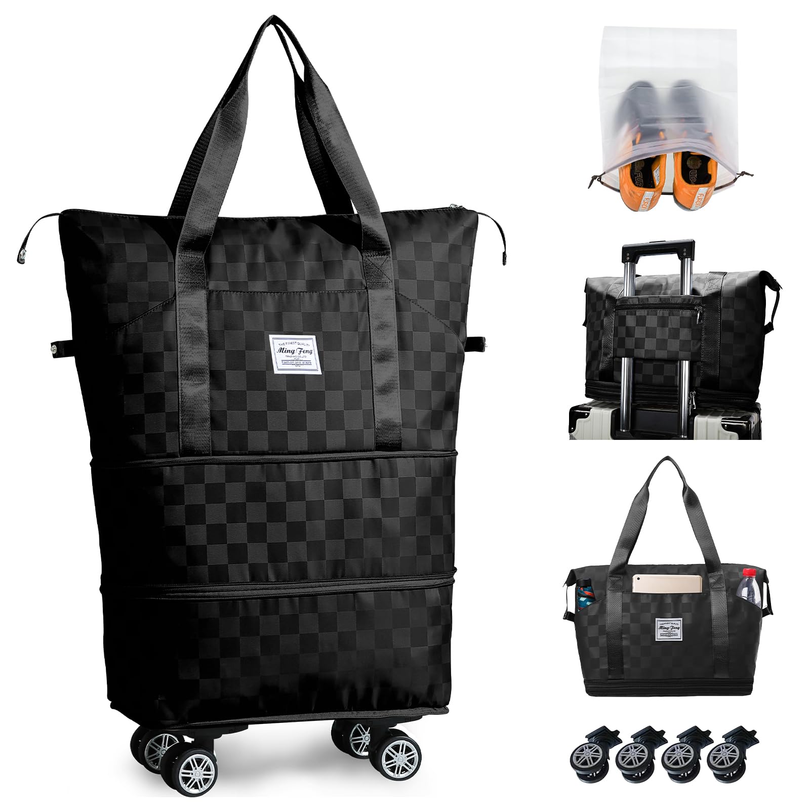 Rolling Duffle Bag with Wheels and Shoe Bag for Travel Expandable Foldable Travel Duffel Bag Carry on Luggage Bag Checkerboard Weekender Bag for Men