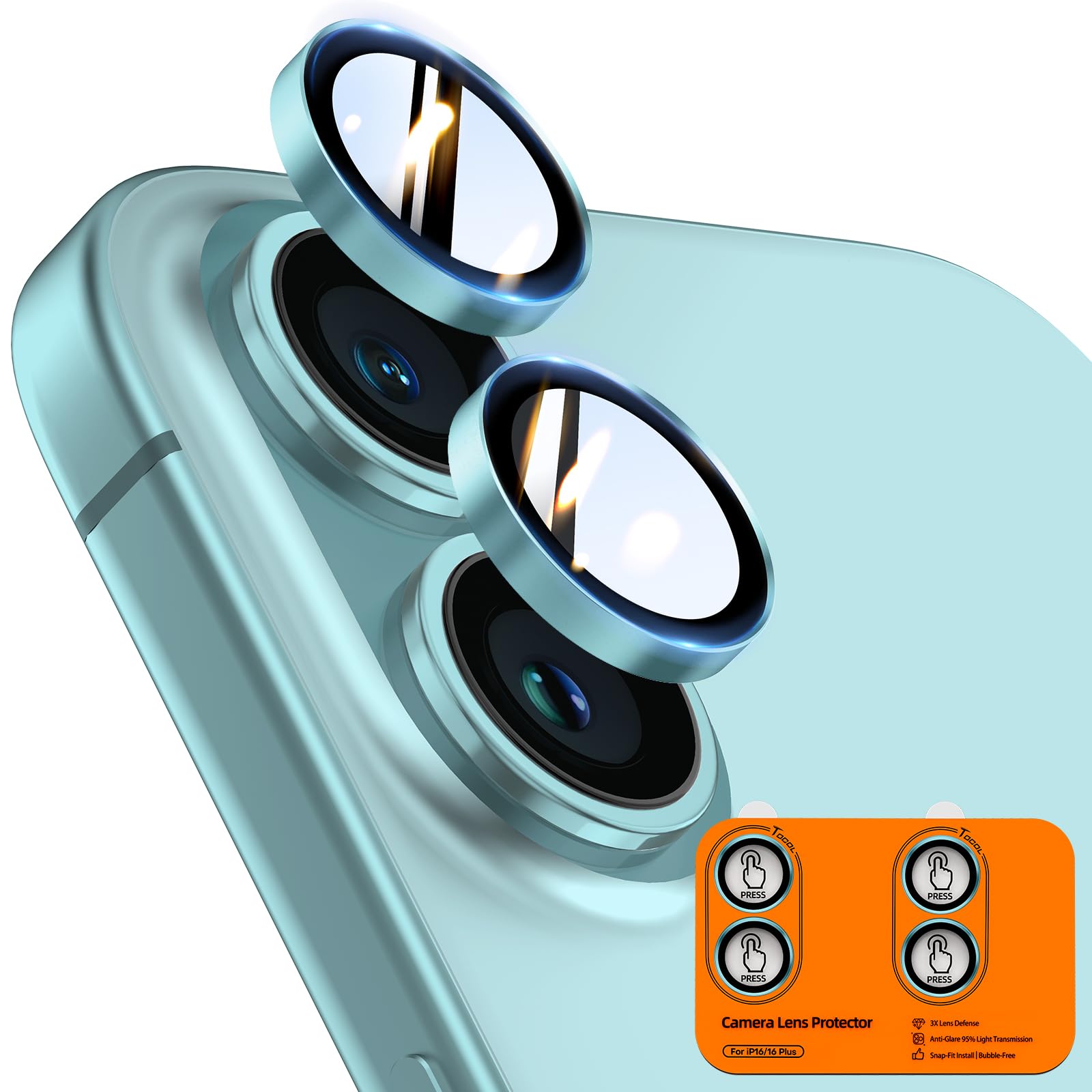 TOCOL Camera Lens Protector for iPhone 16 / iPhone 16 Plus Tempered Glass HD Individual Scratch Resistant Camera Cover Accessories Case Friendly 2 Pack（Green）