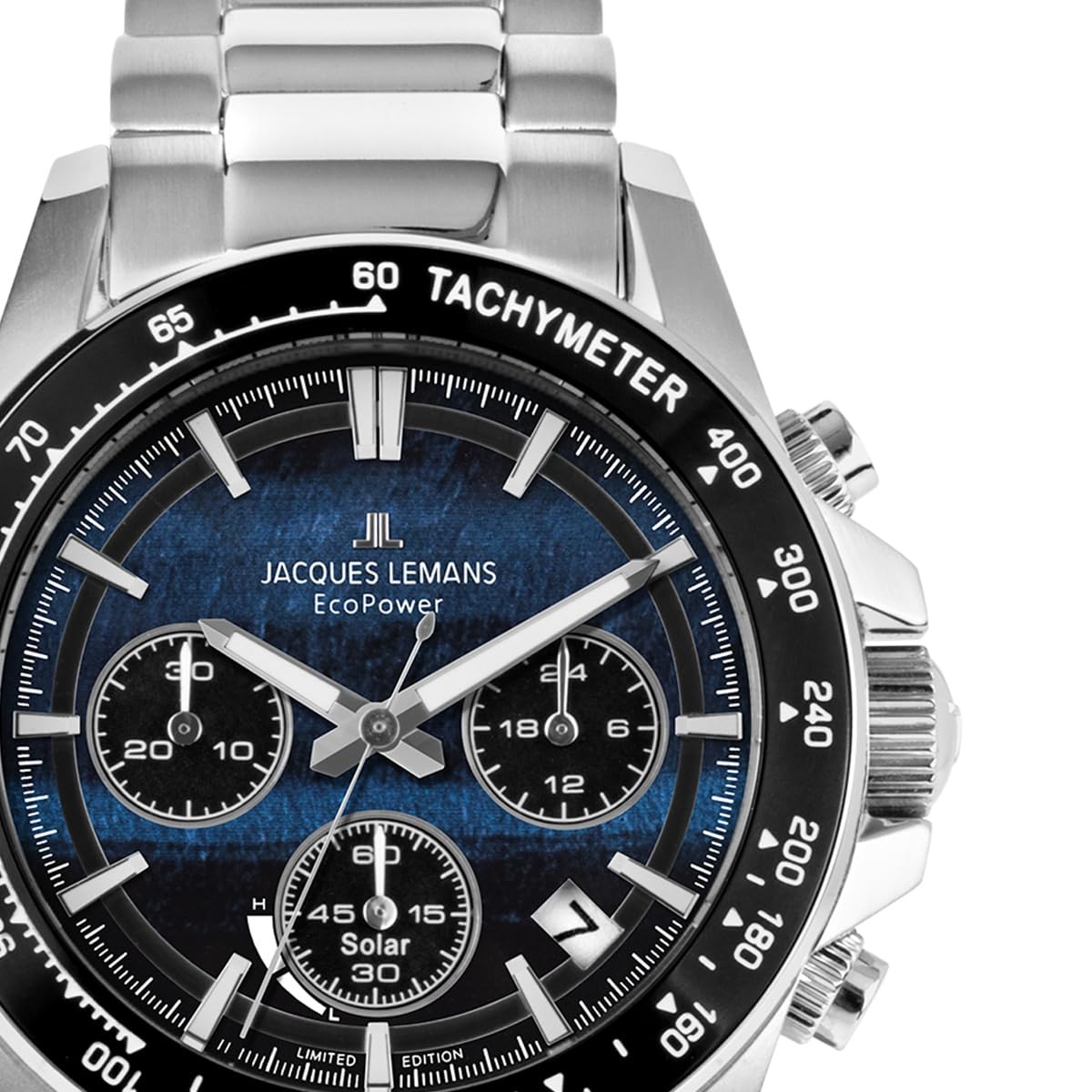 JACQUES LEMANS 50-10B Solar Chronograph Limited Edition zegarek męski 42 mm szkło szafirowe 10 ATM bransoletka ze stali nierdzewnej kolor srebrny ze skórzanym paskiem