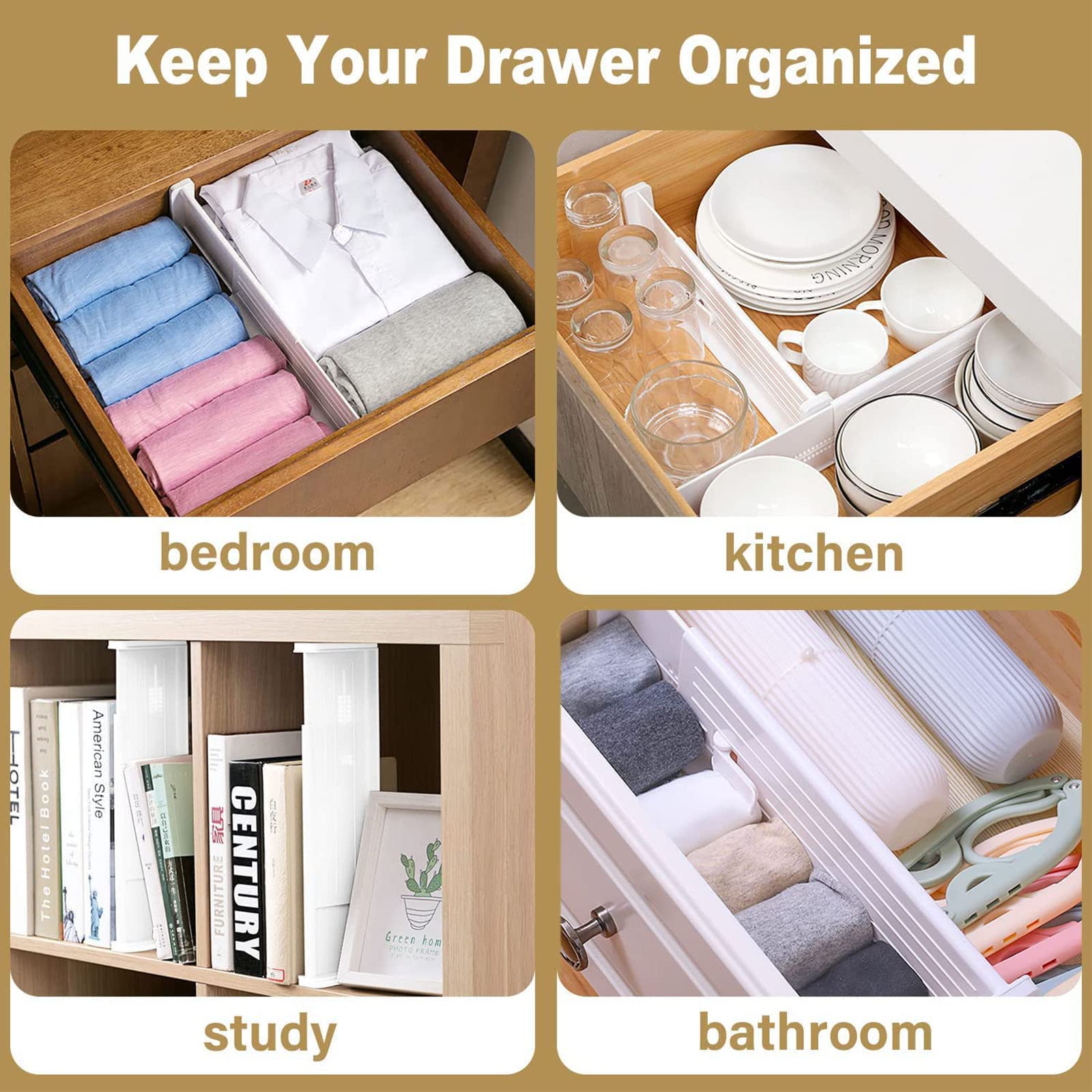 Paquete de 4 separadores de cajones ajustables, organizador de separadores de cajones de plástico expandible, separadores de cajones para ropa, dormitorio,baño,cajón, oficina, almacenamiento de cocina