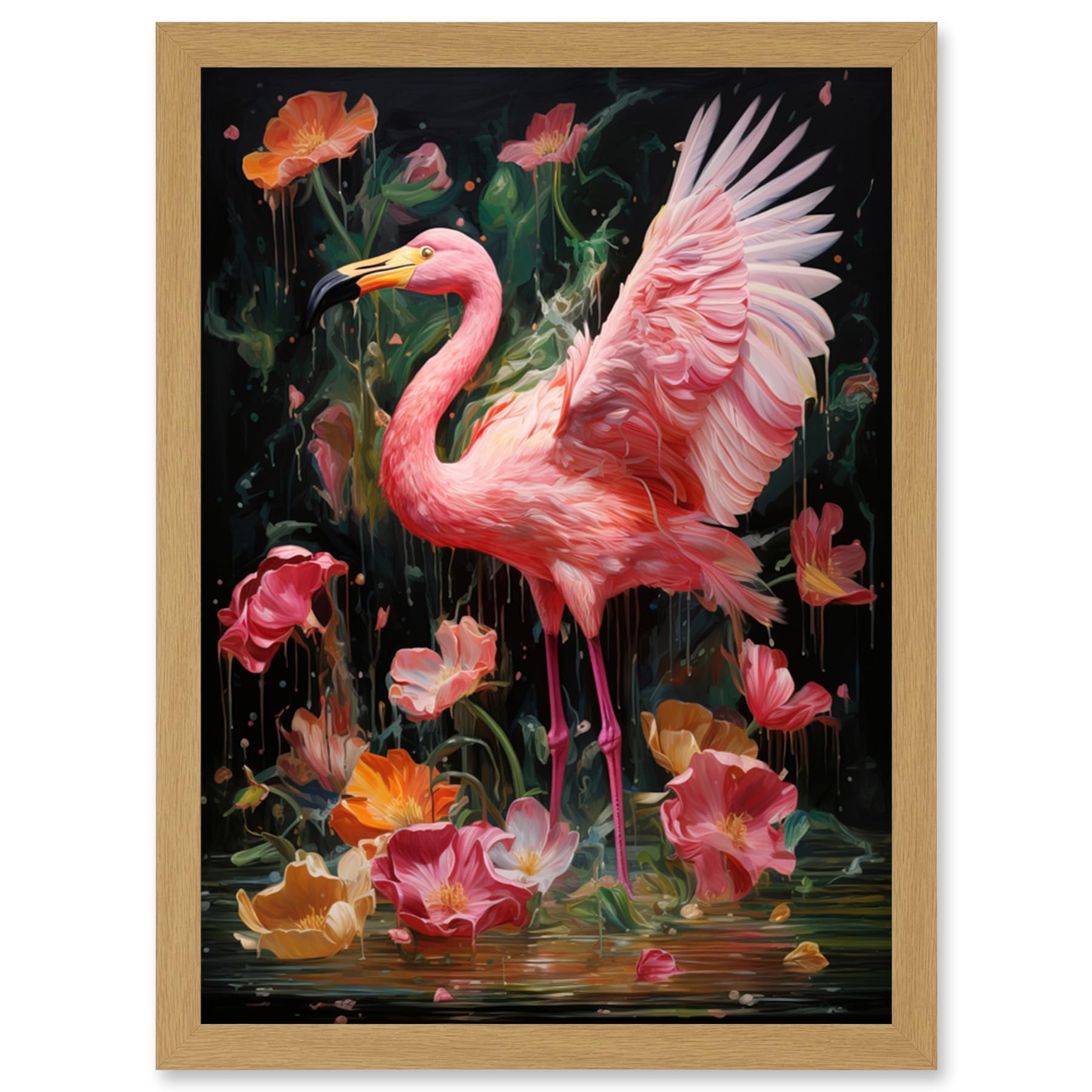 Flamboyant Flamingo Feathers Artwork Bird in Rain Vibrant Framed Art Print A4
