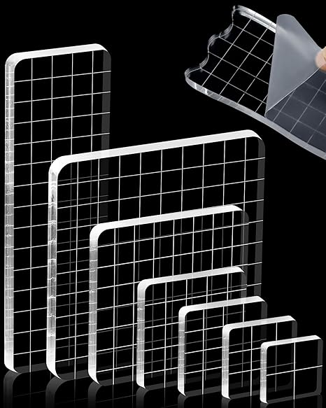 7 Pieces FIVEIZERO Acrylic Stamp Block, Assorted Sizes Clear Stamping Blocks Tools with Grid Lines for Scrapbooking Crafts Card Making and Decorative DIY Essential Stamping Tool(Straight Edge)