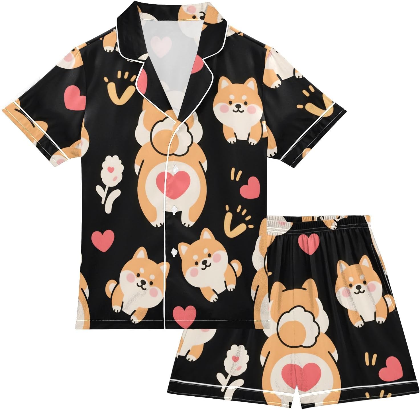 Kids Satin Wear Set Corgi Heart Flower Pattern Relaxed Fit Clothing Short Sleeve and Shorts
