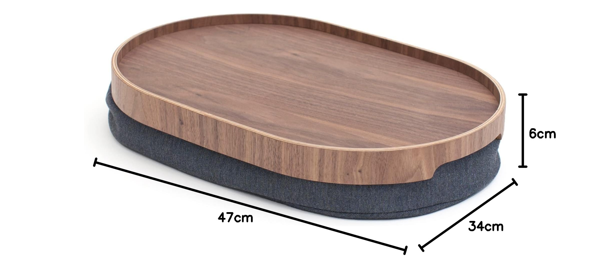 Bandeja portátil multifuncional con cojín moldeable. Para ordenador portátil desayuno cena. Bandeja antideslizante. Funda de almohada lavable extraíble. Almohada gris. Nogal. Mediano (39x26x6,5 cm)