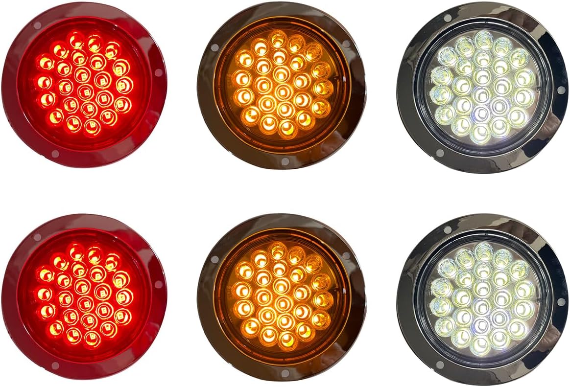 6PCS Universal 4" LED Round Stop Turn Tail Brake Lights Running Reverse Lamp 12V 24 LED For Truck Trailer Boat Bus Lorry Van caravan, 2* Red 2* White 2* Amber