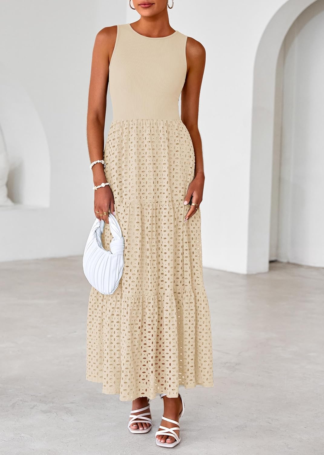 Lazysmile Womens Summer Dresses Crewneck Sleeveless A-Line Hollow Out Eyelet Tiered Tank Maxi Dress Sundress with Pockets - Image 7