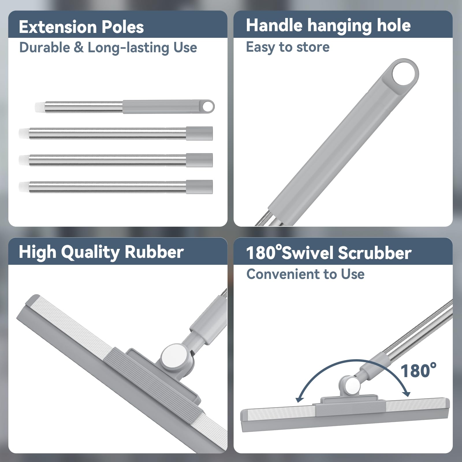 Floor Squeegee With 180° Rotating Head - 52" Adjustable Handle, 14.2" Rubber Blade For Tile, Glass, Garage, Shower - View #9