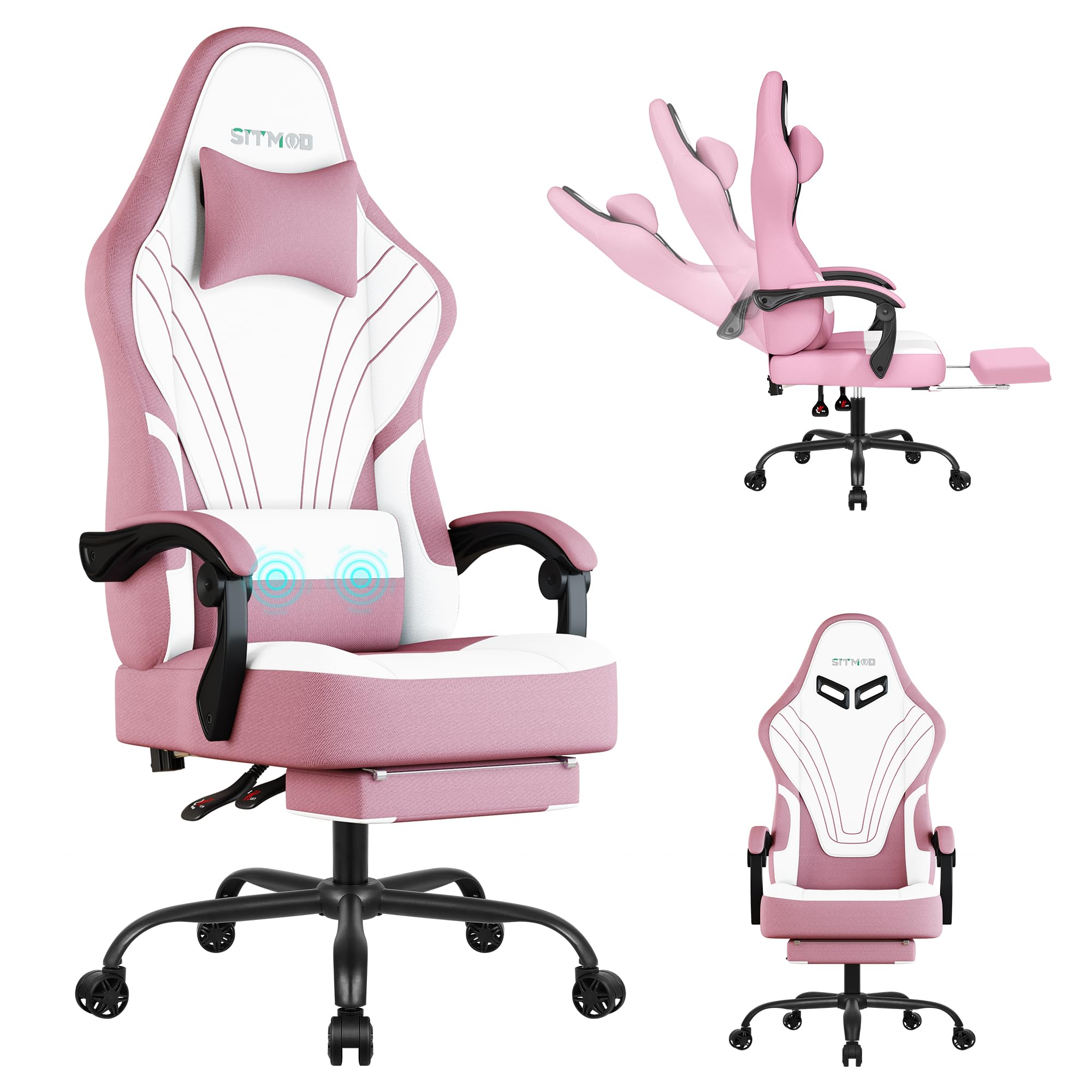 Silla Gaming Ergonómica Escritorio, para Videojuegos u Oficina, Silla Gamer con Cojín Lumbar & Reposacabeza, Regulable en Altura y reclinable, Tejidos Silla Cómoda con Reposapiés para Adultos(Rosa)