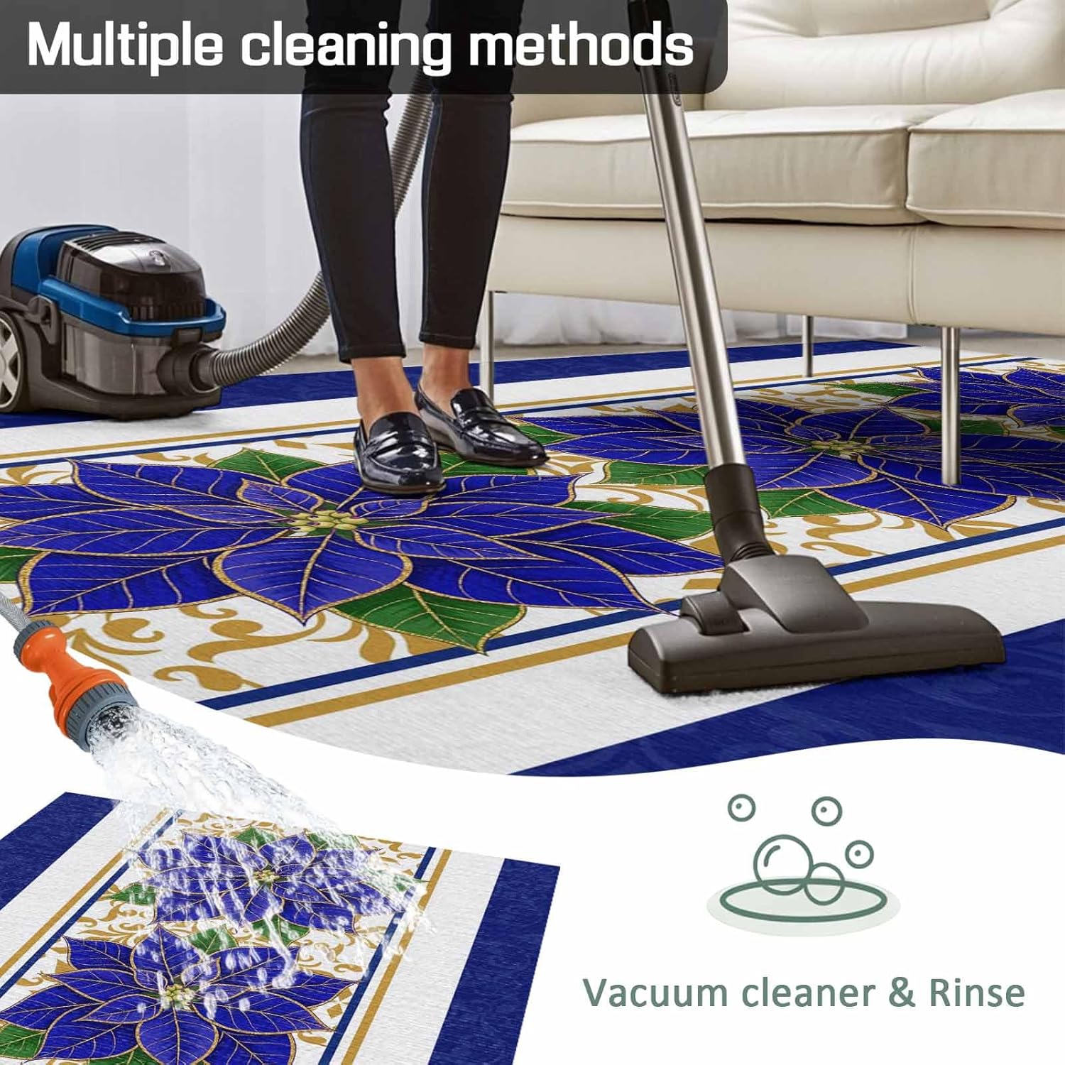 Christmas Outdoor Rug 4x6 ft Blue Poinsettia Flower Outdoor Large Area Rug Non Slip Rubber Floral Stripes Front Door Mat RV Rug Camping Carpet Patio Outdoor Rugs for Backyard Balcony Deck Porch Indoor