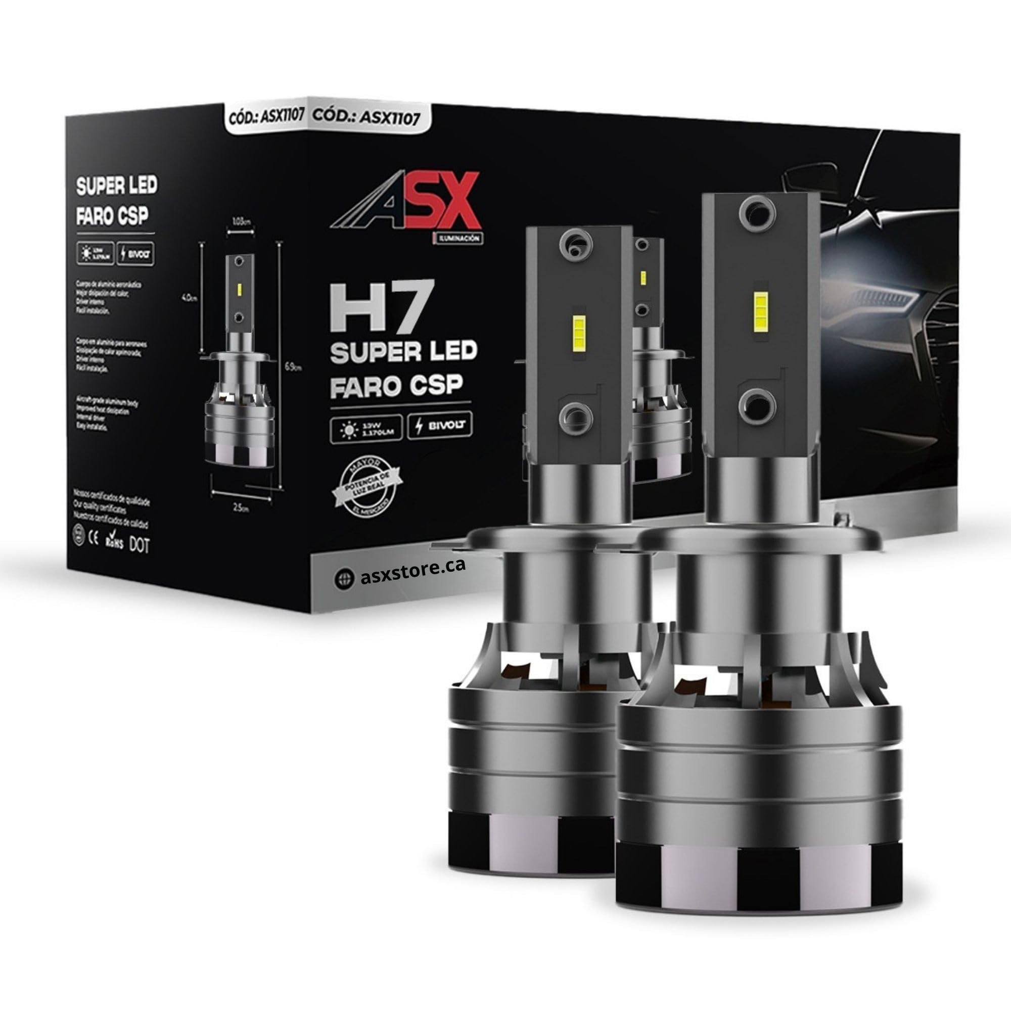 ASX Iluminación Super LED Off Road, 13W, 1170 Lúmenes reales, Lámpara de Faros Delanteros 12-70V. Bombillas LED Luz Blanca 6000K Chip CSP, Conversión Faros Led, IP68, PACK 2 (H7)