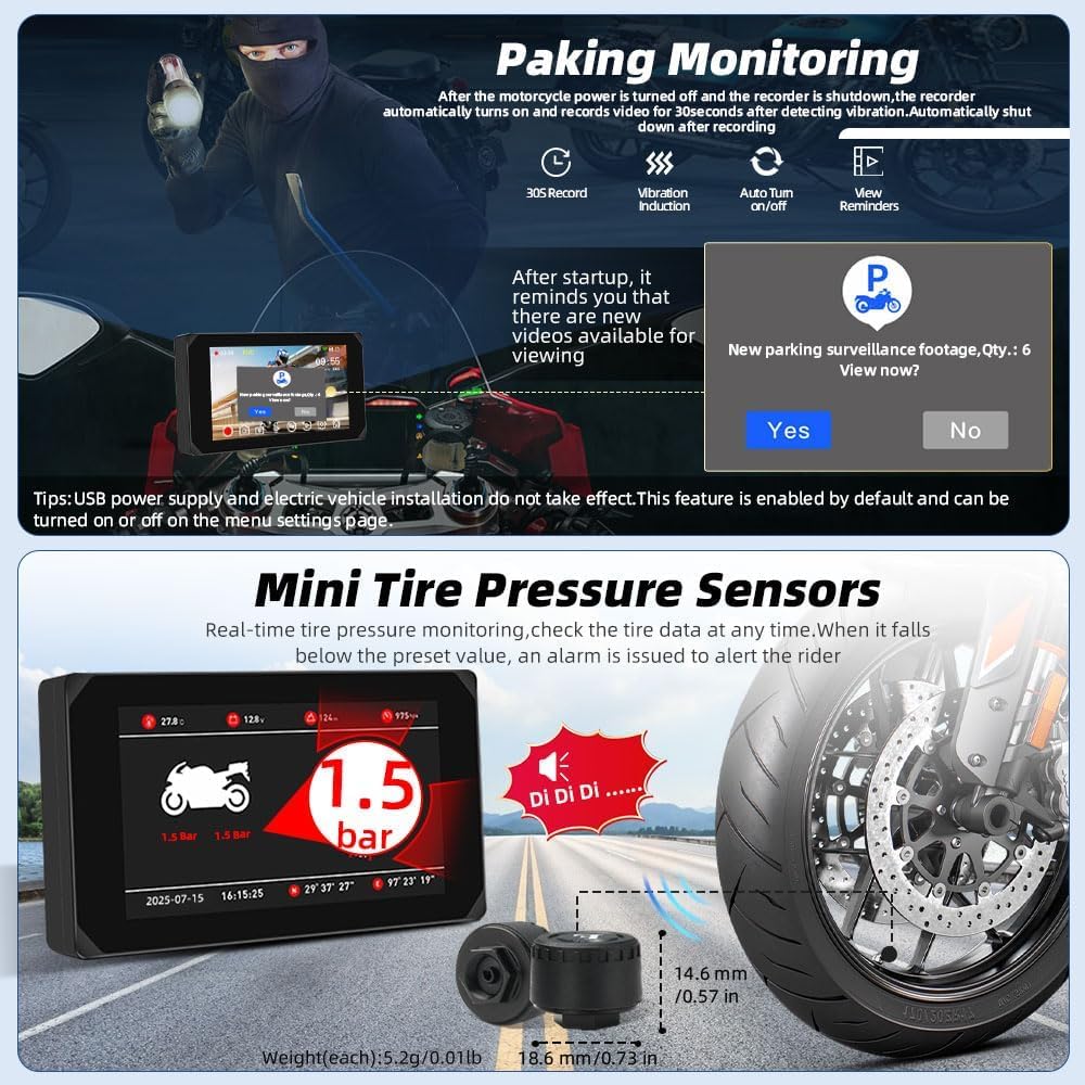VSYSTO bezprzewodowa kamera samochodowa CarPlay do motocykli z ekranem dotykowym 5", nawigacją GPS, monitorowaniem parkowania, WiFi, przednią i tylną kamerą 1080p oraz czujnikami ciśnienia w oponach
