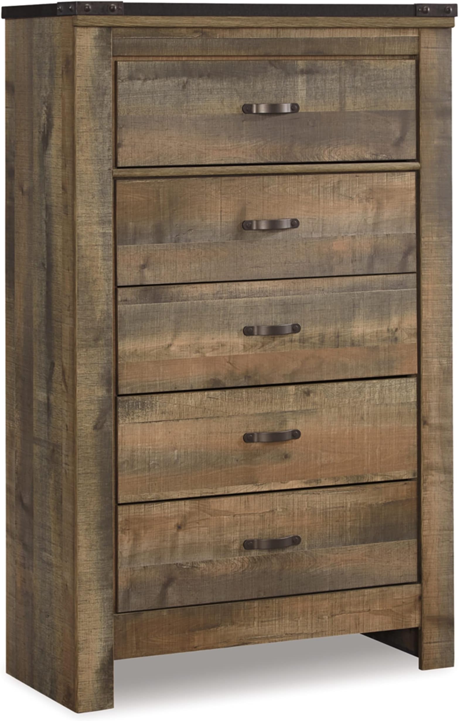 Signature Design by Ashley Trinell Rustic 5 Drawer Chest of Drawers with Nailhead Trim, Warm Brown