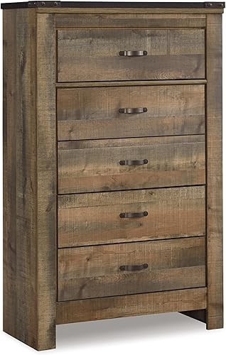 Signature Design by Ashley Trinell Rustic 5 Drawer Chest of Drawers with Nailhead Trim, Warm Brown