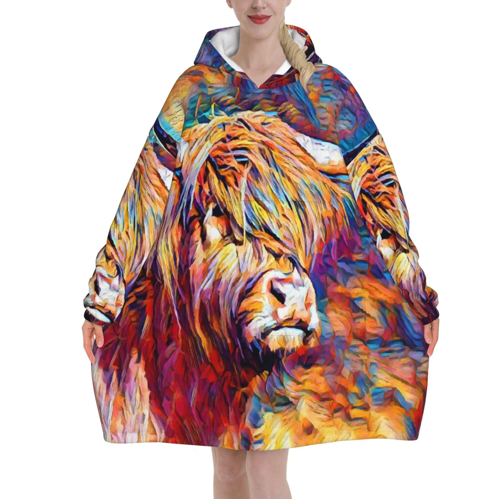 Yxdvpalne Unisex As Picture Highland Cow Printed Oversized Women's Wearable Blanket Hoodie, Flannel Pullover Blanket, Blanket Sweatshirt