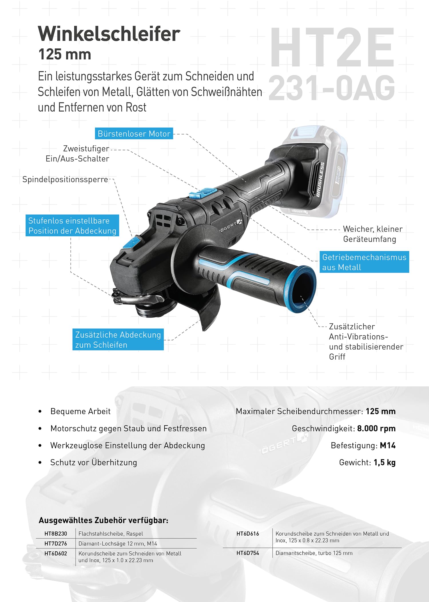 HÖGERT TECHNIK Akumulatorowa szlifierka kątowa 125 mm, 18 V, bezszczotkowy silnik, 8000 obr./min, beznarzędziowe zabezpieczenia, dwustopniowy przełącznik, bez akumulatora, metalowa przekładnia