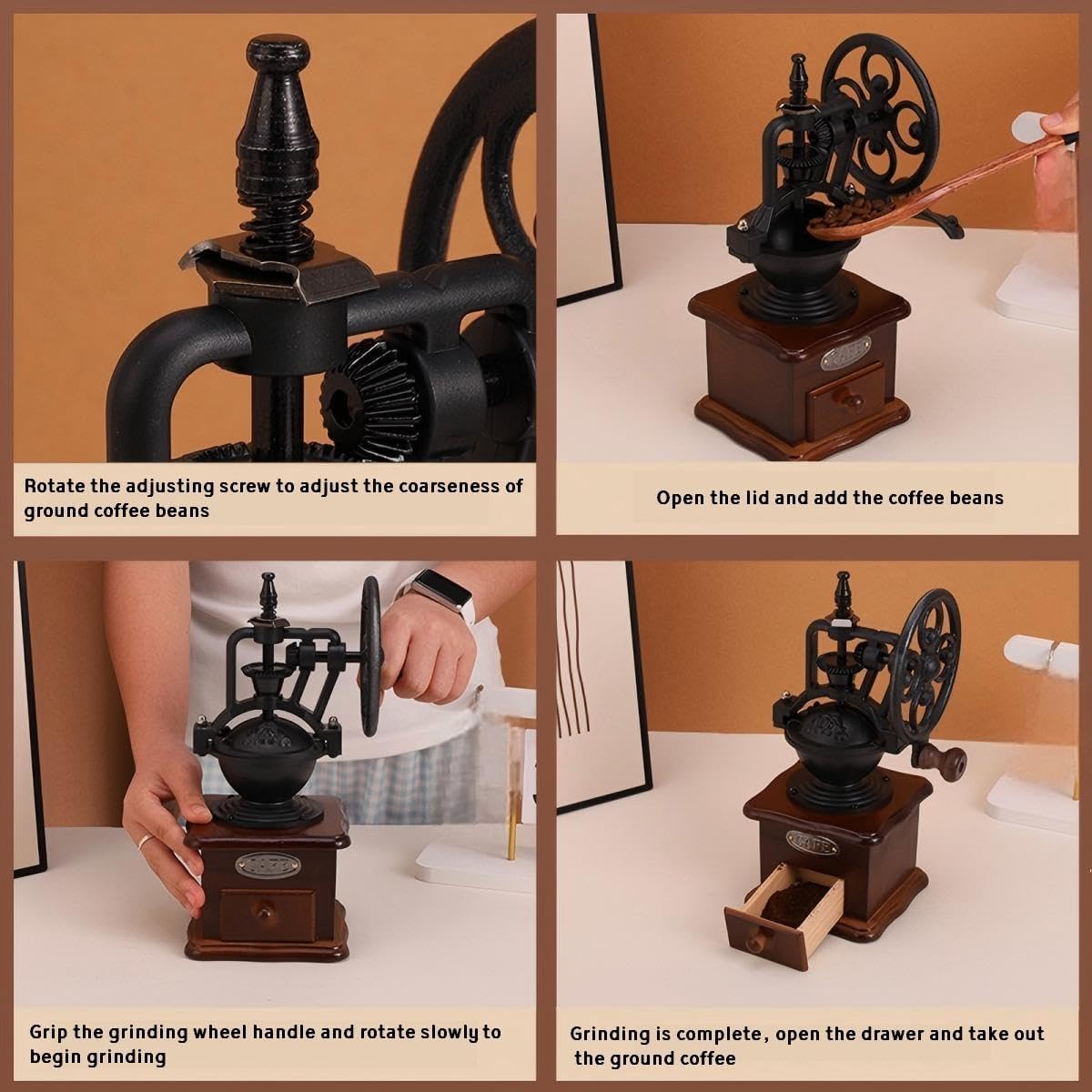 Wooden Manual Coffee Grinder Vintage Style Hand Coffee Mill Burr Coffee Grinder with Ceramic Hand Crank,Wooden Manual Coffee Grinder Cleaning Brush(Brown Ferris wheel style）