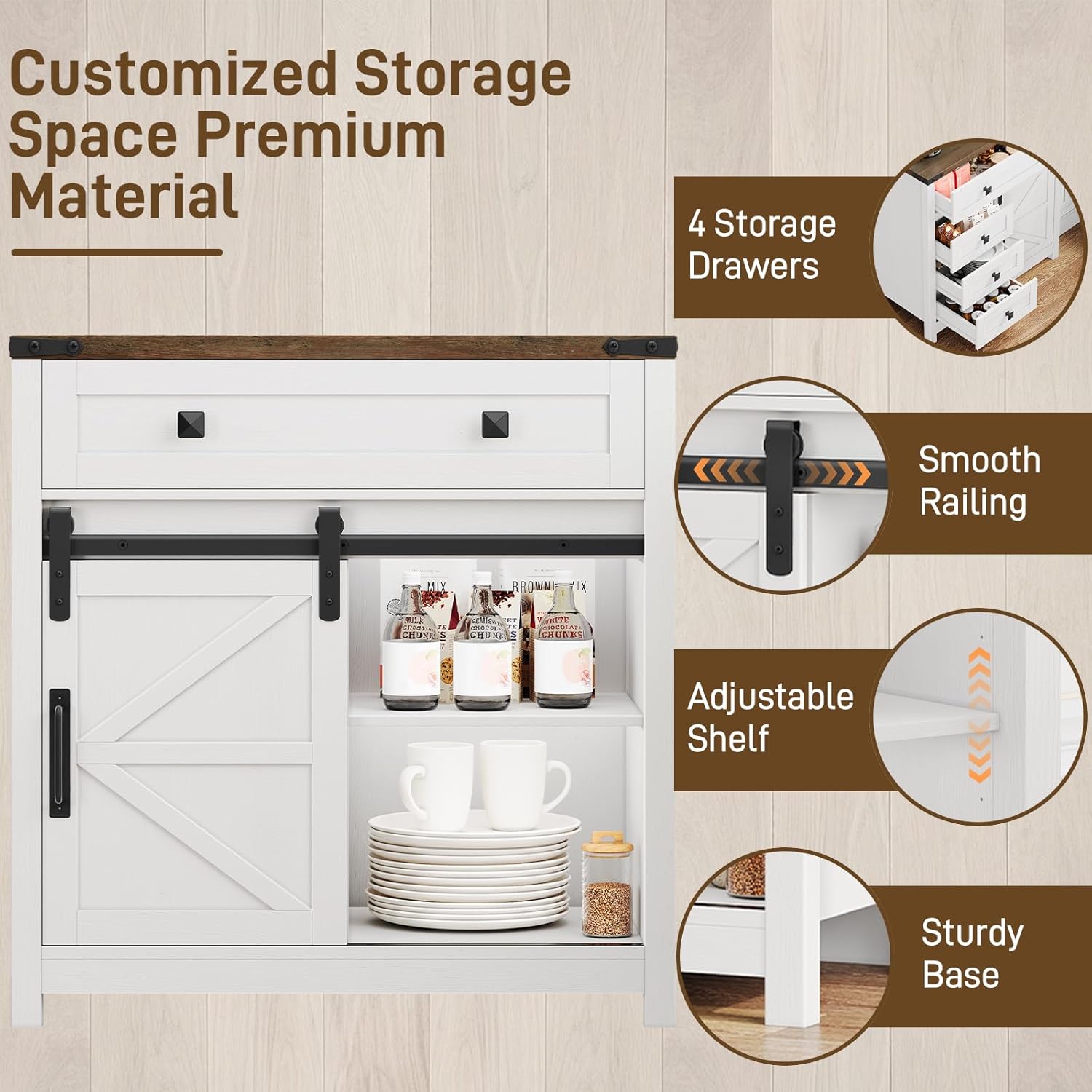 Vabches Farmhouse Storage Cabinet with Sliding Barn Door and 4 Drawers, Bathroom Floor Cabinet, Coffee Bar Cabinets, White Buffet Cabinets with Adjustable Shelf for Dining Room, Kitchen, Living Room