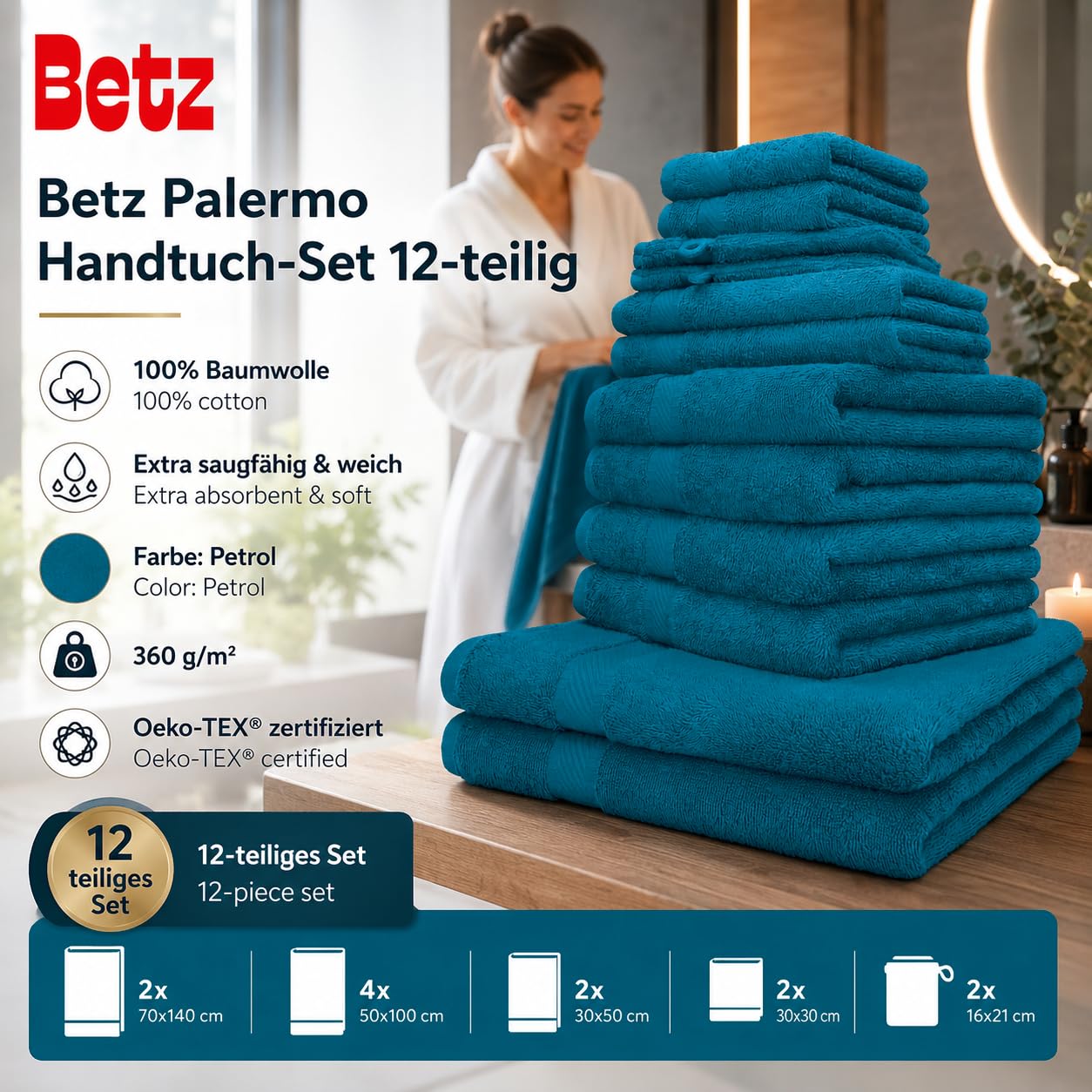 Betz Palermo Handtuch-Set 12-teilig – 100% Baumwolle – Oeko-TEX® Zertifiziert – extra saugfähig & weich – hohe Grammatur – Duschtücher, Handtücher, Gästetücher & Waschhandschuhe Farbe Petrol