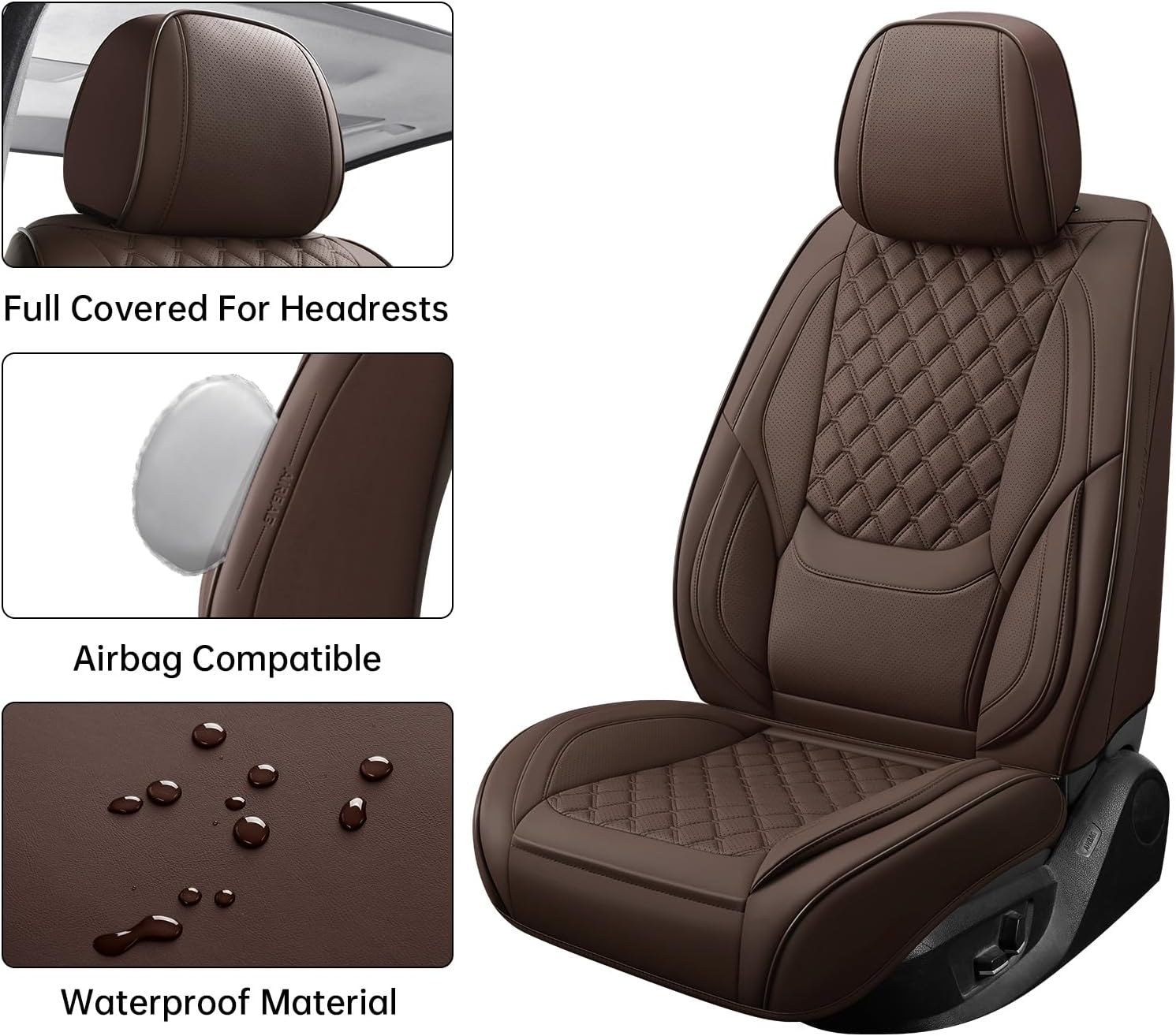 Car Seat Covers Full Set Brown,Luxury Faux Leather Car Seat Covers Waterproof Non-Slip Seat Protector Universal Fit for Most Cars SUVs Trucks Pick-ups, Car Accessories Interior(Brown-Full Set)
