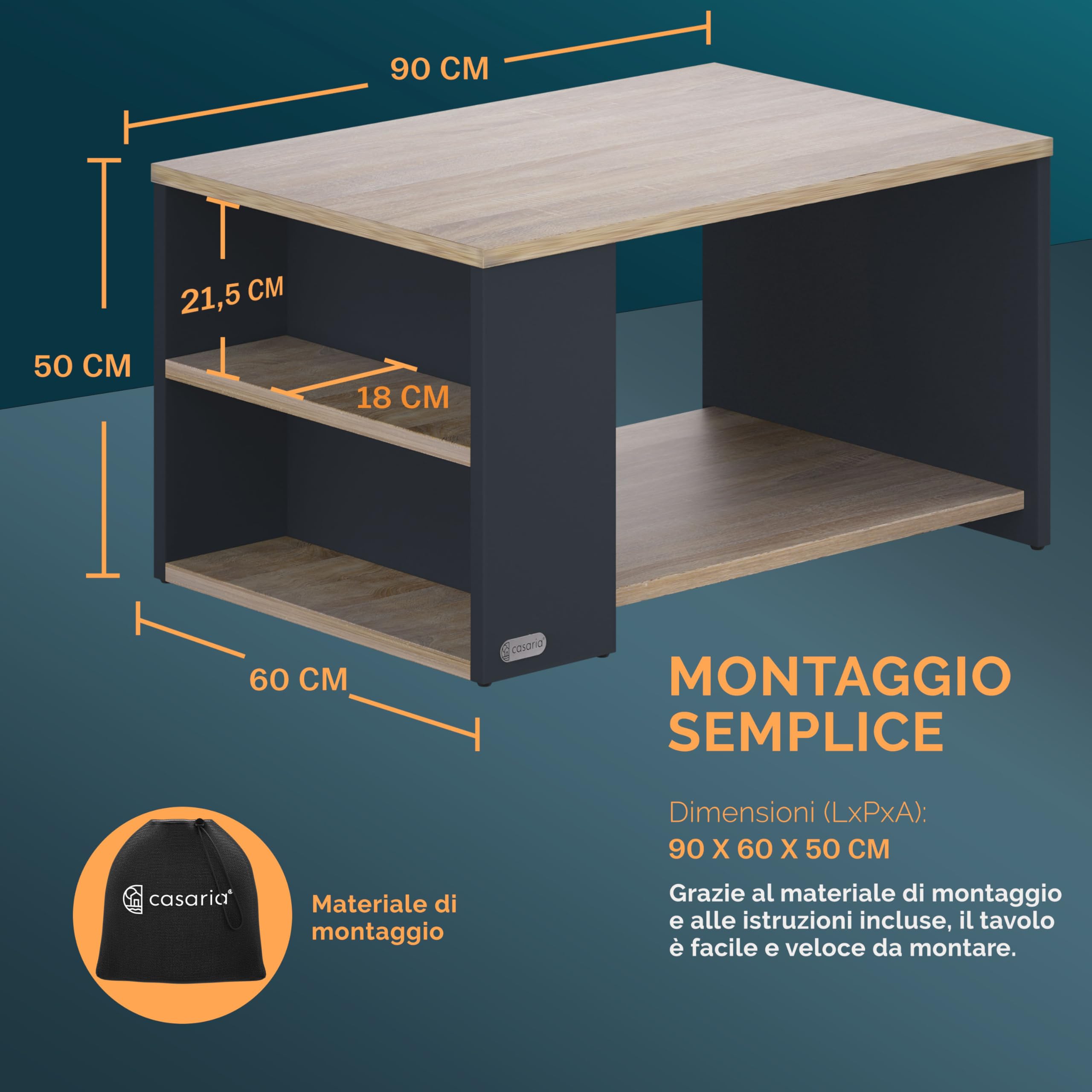 Casaria® Tavolino Divano da Caffè con Ripiano 2 Scomparti 90x60x50cm in Legno Carico Max 50kg Tavolo Basso Soggiorno Salotto