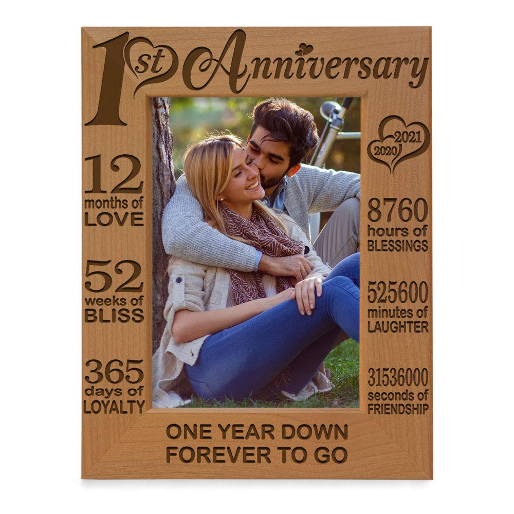 KATE POSHOur 1st Anniversary Picture Frame - 12 Months Engraved Natural Wood Photo Frame - First (1st), Paper, 1 Year as Husband and Wife (5x7-Vertical)