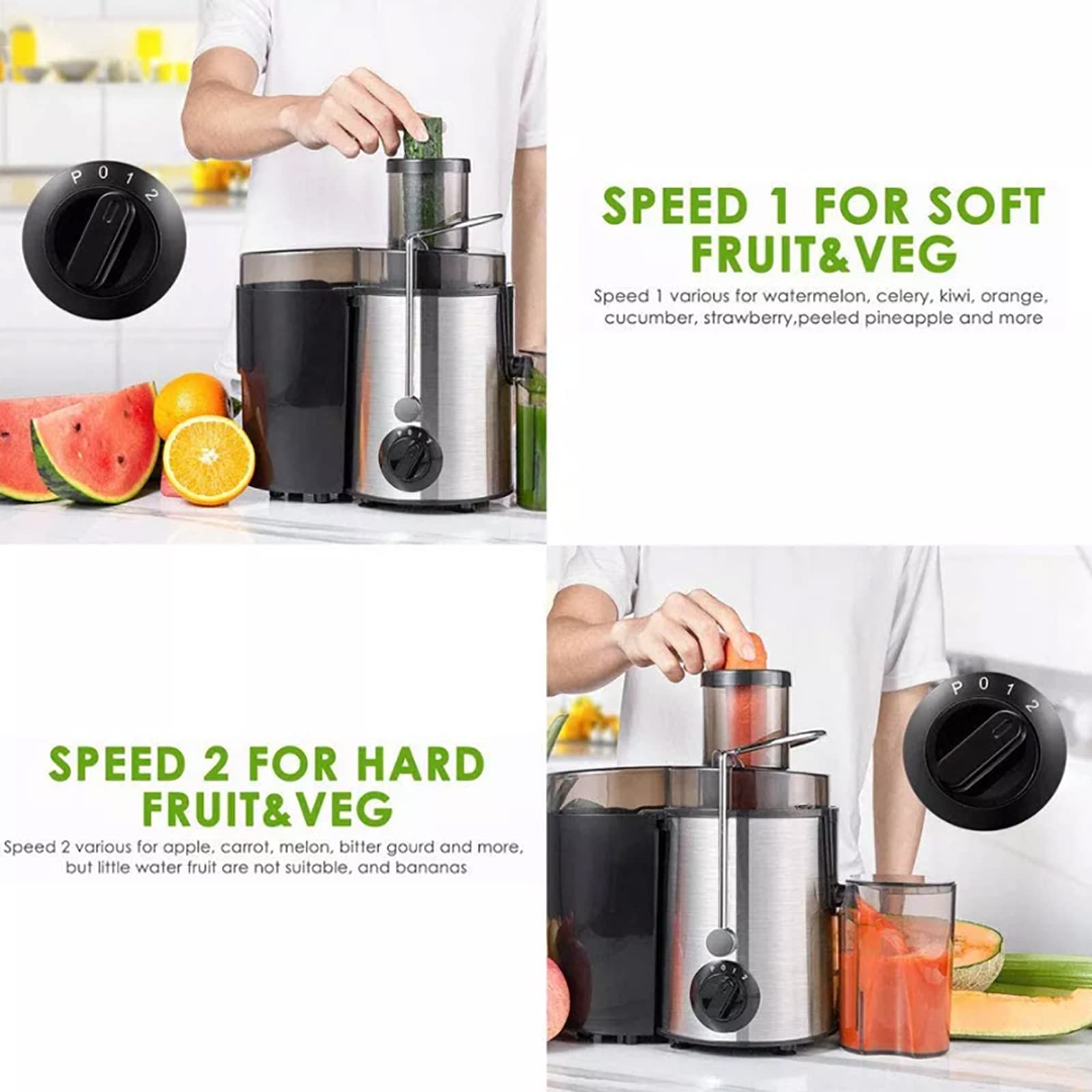 Máquinas exprimidoras, Extractor exprimidor centrífugo de 400 W con Canal de alimentación de Boca Ancha de 2,8" para Frutas y Verduras, Extractor exprimidor de 2 velocidades, sin BP