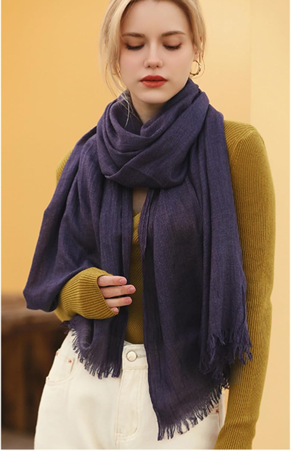 Solid color cotton and linen scarf, wrinkled all season versatile long sunscreen fashionable shawl - Image 3