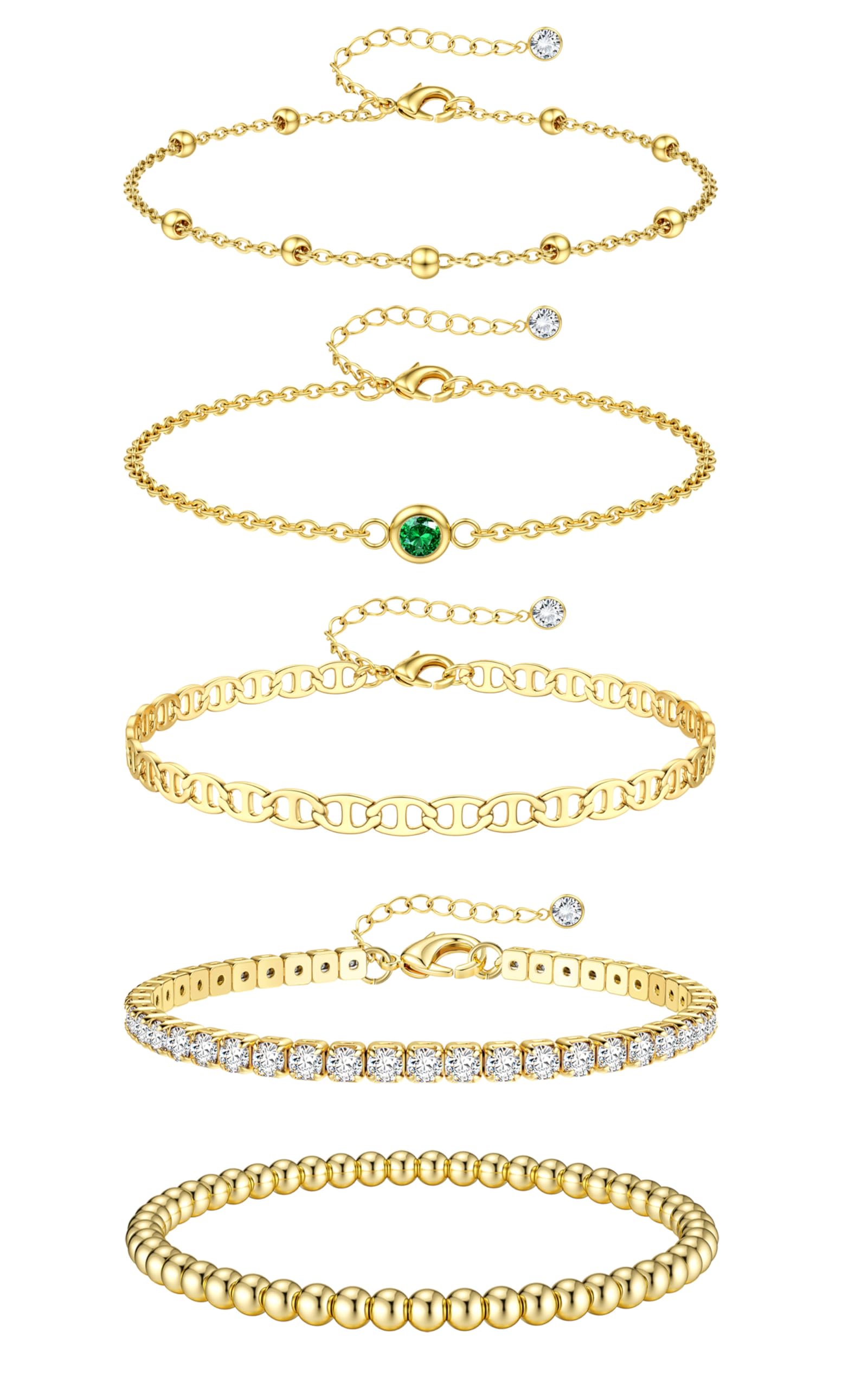 JeweBella 3-7 Pieces Bracelet Women 18K Gold Stainless Steel Bracelet Women Adjustable Figaro Snake Chain Bracelets Stackable Beads Gold Bracelets for Women