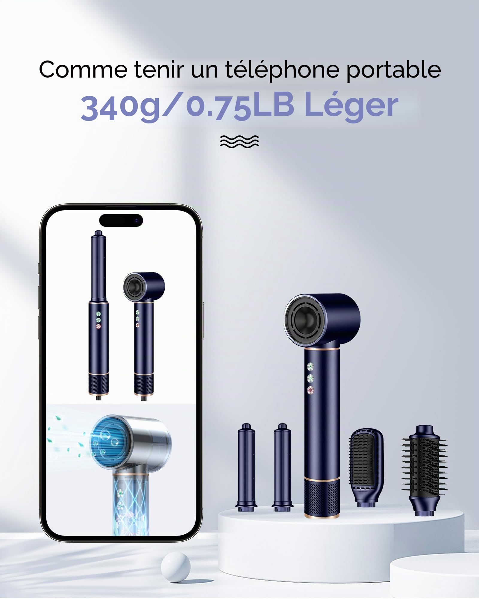 MogaWave Seche Cheveux 5 en 1 Air styler avec Sèche-cheveux de 110000 tr/min 20M/S pour un Séchage Rapide, Hair Styler de 320 Millions d'Ions avec Fer A Boucler, Brosse Lissante ＆ Brosse Volumisante