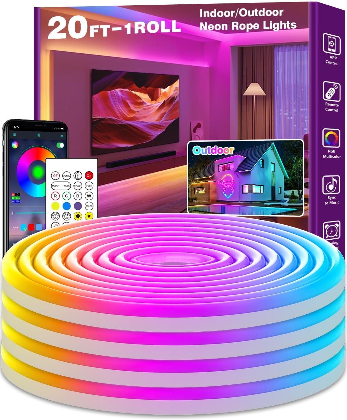 SINLEY Led Neon Rope Lights 20FT,Control with App/Remote,Flexible Led Rope Lights,Multiple Modes,IP68 Outdoor RGB Neon Lights Waterproof,Music Sync Gaming Led Strip Lights for Bedroom Indoor