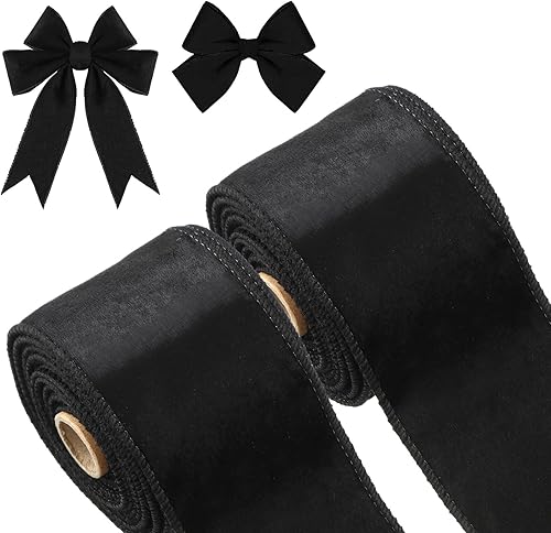 2 Rolls 2.5 Inch 10 Yards Christmas Velvet Ribbon Single Face Christmas Plain Velvet Ribbon for Gift Wrapping Crafts Xmas Wreath Tree Decor(Black)