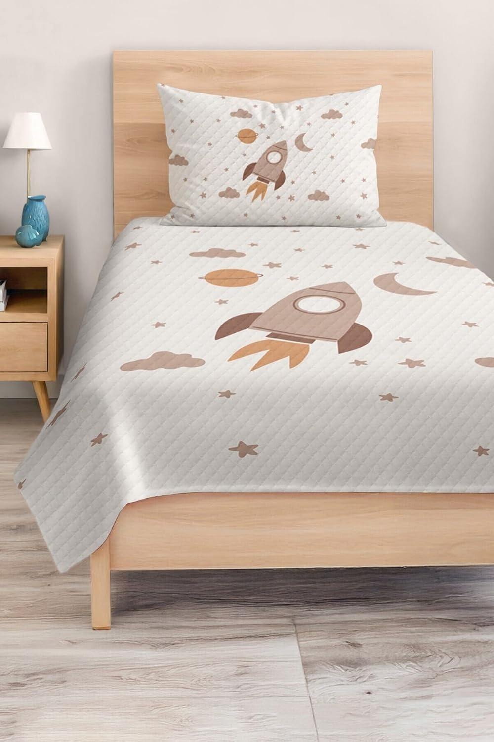 SODEF Quilt Set Twin Size Rocket and Planet Design Beige Color, Soft Cotton Polyester Blend, 2 Piece Set for Kids - Multicolor, One Size