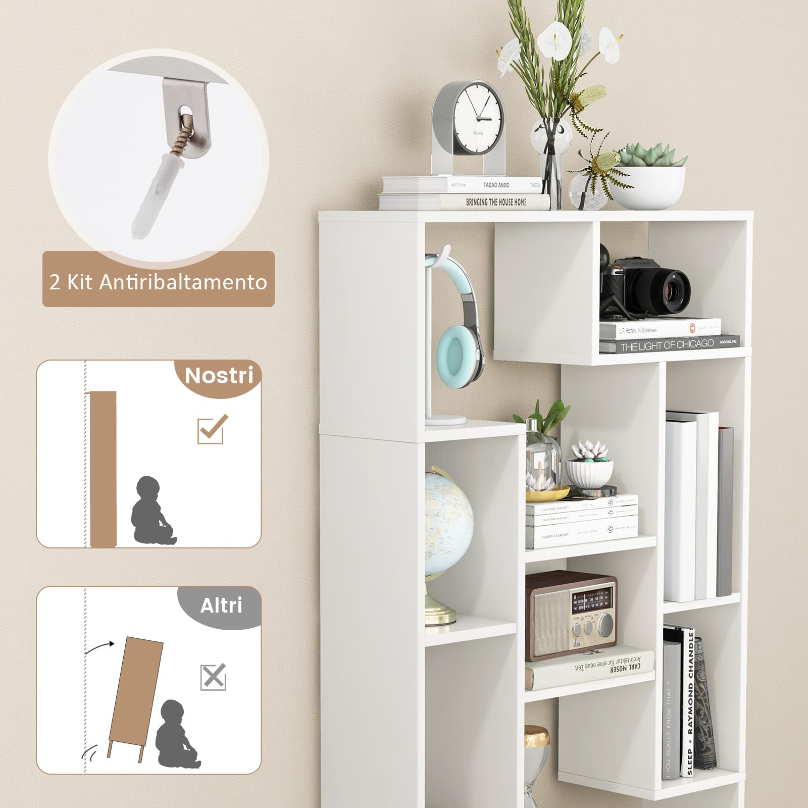 COSTWAY Libreria Geometrica 120 cm, Scaffale per Libri con Ripiani Aperti, Scaffale da Esposizione Moderno con Kit Anti-ribaltamento, Ideale per Casa Ufficio o Soggiorno (Bianco)
