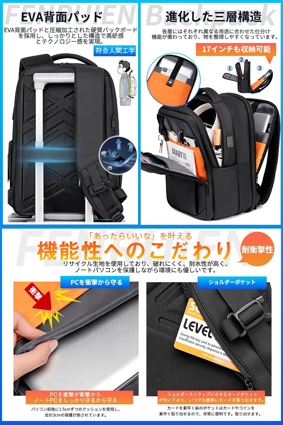 [FENRUIEN] 【独立のPCポケット 拡張機能付き 大容量】リュック ビジネスリュック メンズ USB充電 通勤リュック バックパック 15.6インチPC収納可能 人気 おしゃれ 通勤 高校生 通学 出張 旅行