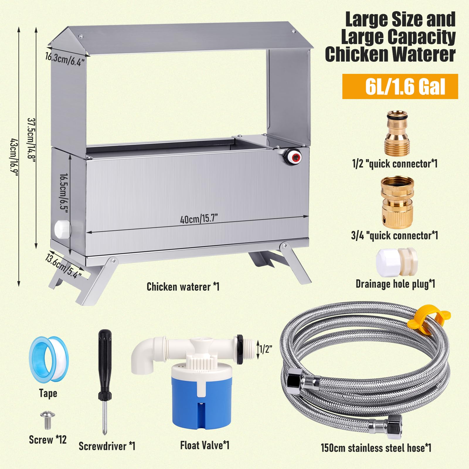 Alimentador automático de agua de pollo de acero inoxidable, kit dispensador de agua de aves de corral controlado por flotador para gallina, paloma, codornices, pavo, pato, ganso, con
