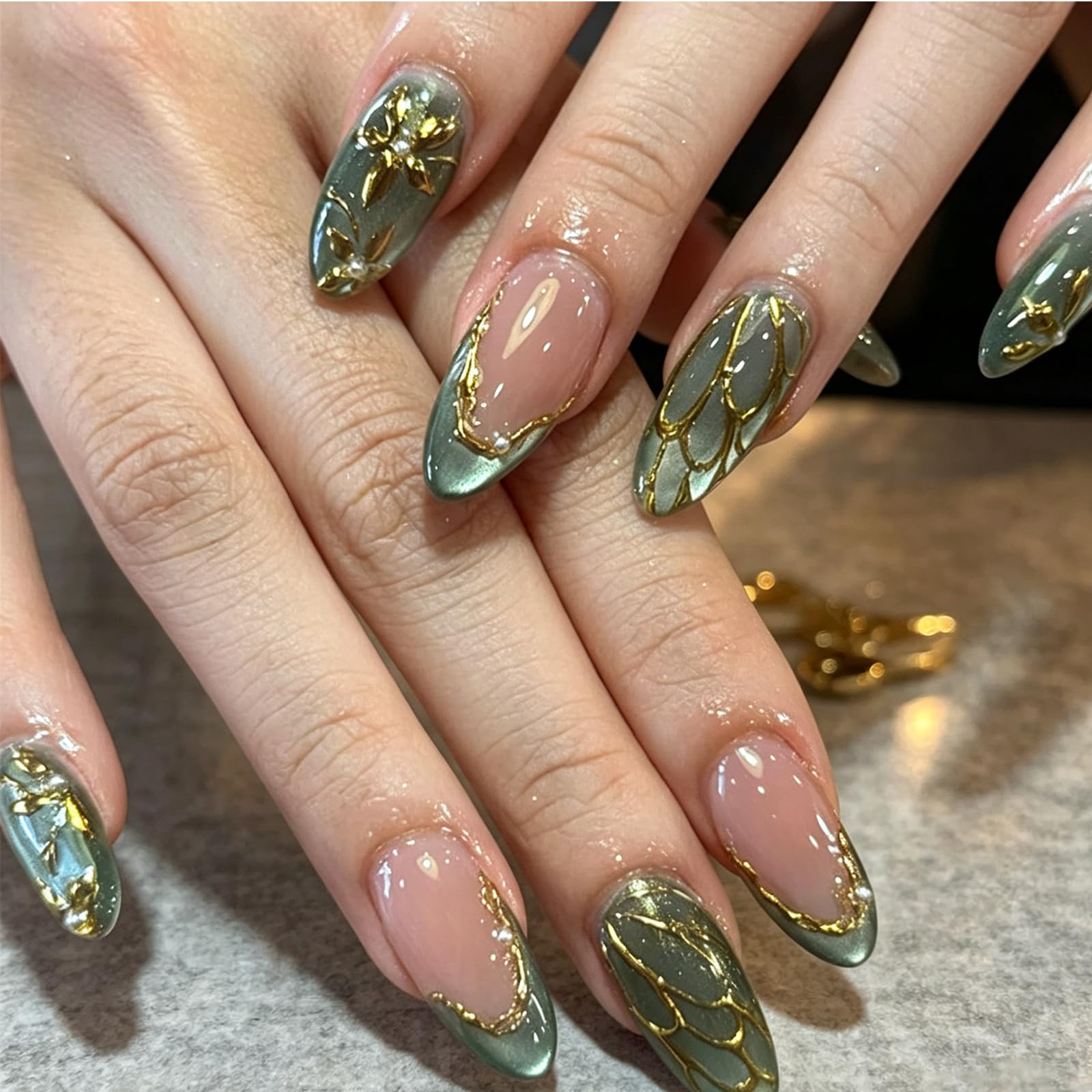 24 Pcs Almond Press Ons Nails with Jelly Adhesive Tabs | Green Cat Eye Fake Nails, Reusable Artificial Nail Extensions for Women, Includes Nail File and Adhesive Sheets for Home DIY-image-45