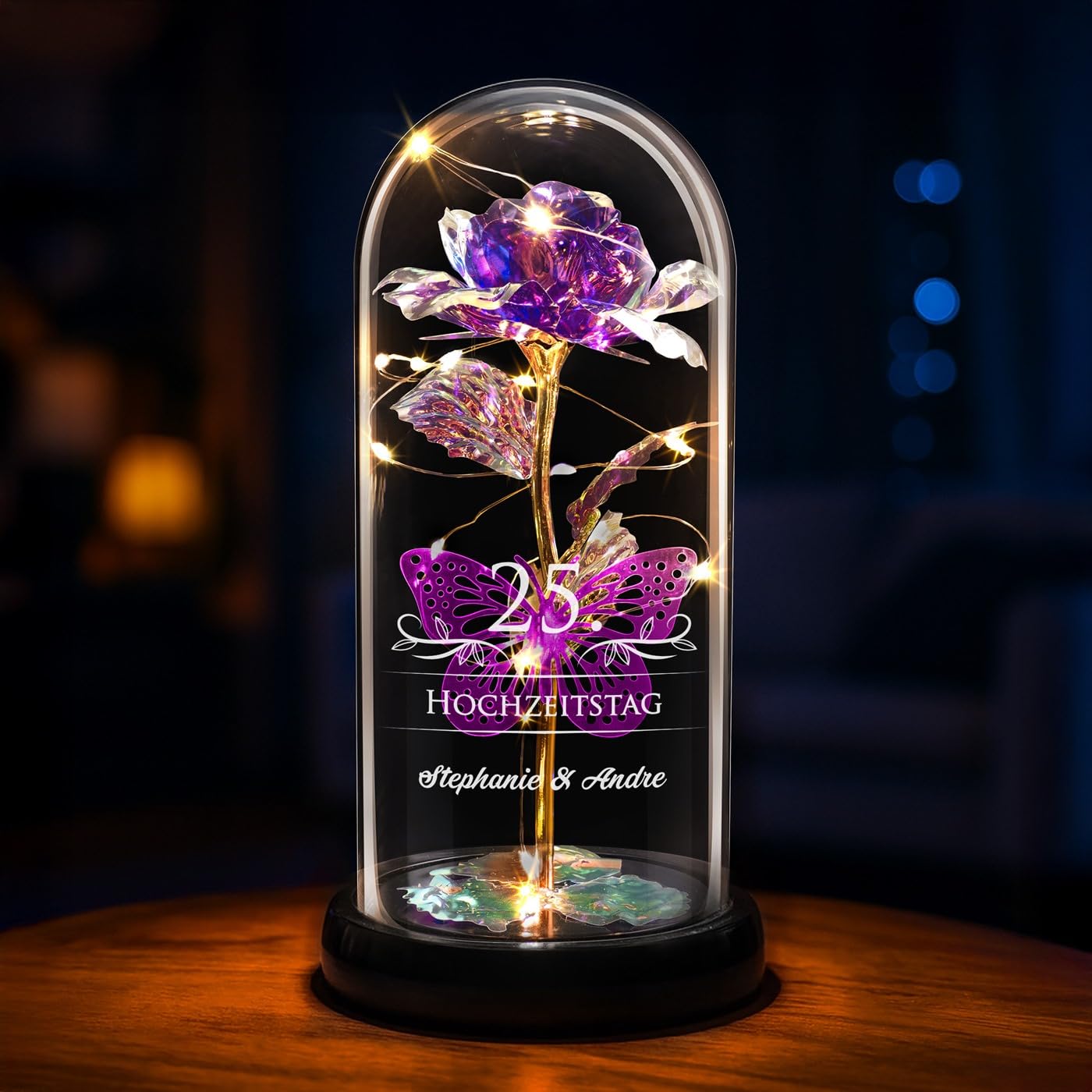 Maverton ewige Rose mit Gravur personalisiert - Rose im Glas mit Licht - Hochzeitsgeschenke für Brautpaar - personalisierte Geschenke zum Hochzeitstag zur Hochzeit