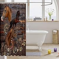 Vista 3 de Cortina de ducha de caballo 3D, juego de cortina de ducha de metal retro para niños y adultos, cortina de baño rústica con patrón de caballos