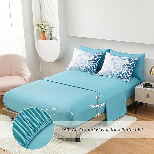 Miniatura 6 de Juego de edredón azul Queen con hojas botánicas en una bolsa, juego de edredón de 7 piezas con sábanas, juego de ropa de cama floral de microfibra