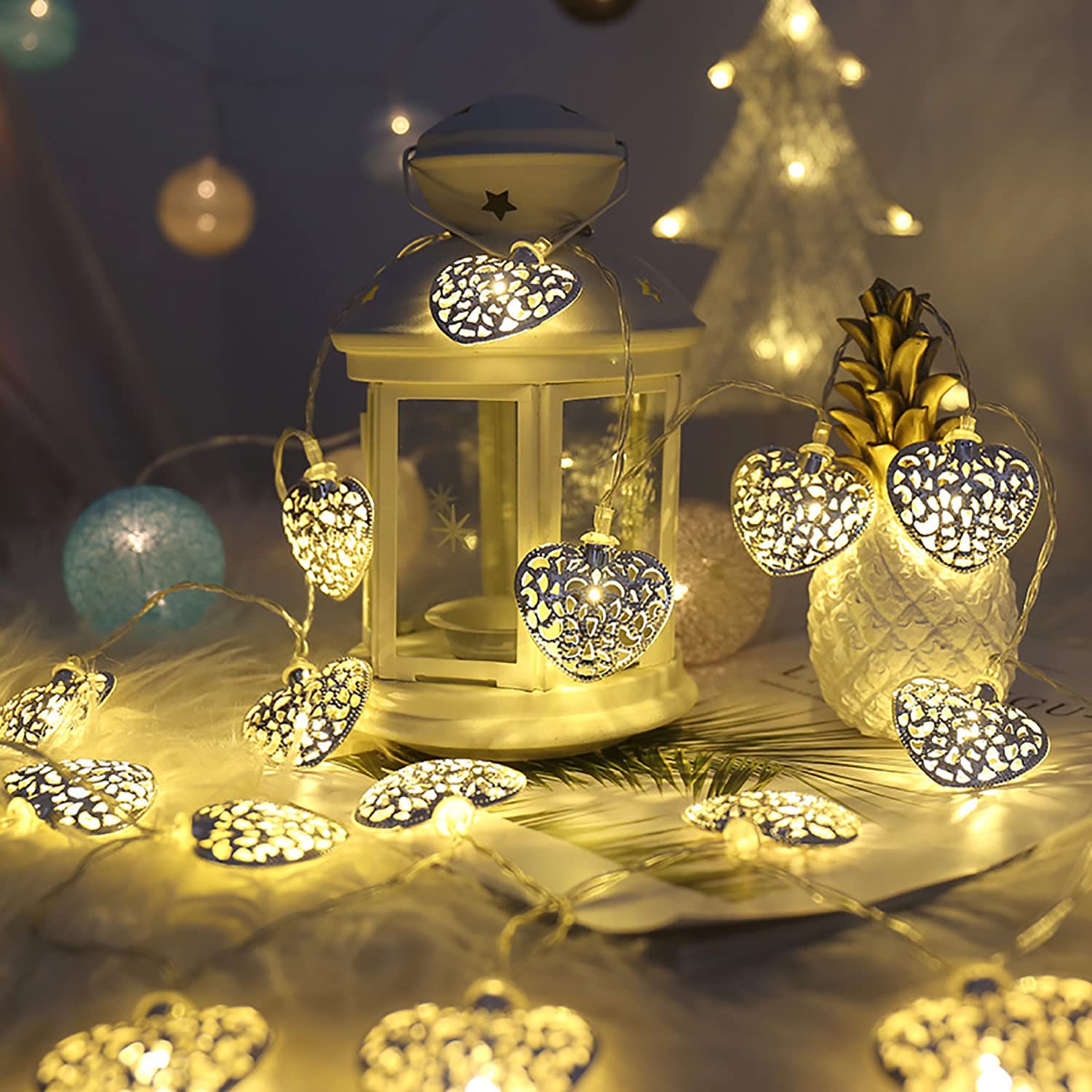 KINGCOO Silver Moroccan Heart Lights, 3M/9.8ft 20LED Vintage Lampshade Metal Lantern Battery Operated Fairy String Lights for Outdoor Indoor Home Bedroom Garden Wedding Party Decoration(Warm White) — image 1